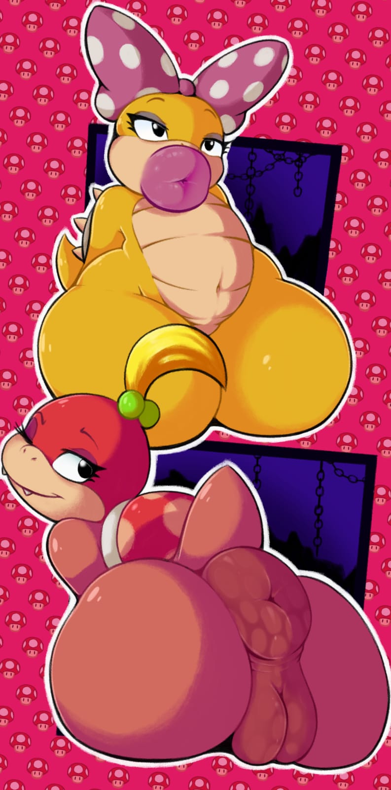 accessory anthro anus ass big_lips big_pussy bimbo bimbo_lips bow_(feature) bow_accessory bow_ribbon centered_hair_bow digital_media_(artwork) duo female female/female genitals hair_accessory hair_ribbon hairbow hi_res hyper hyper_genitalia hyper_pussy koopa koopaling lips lipstick mario_(series) nintendo nude pink_lips pink_lipstick pittory plump_lips pom_pom_(mario) puffy_lips pussy reptile ribbons scalie shell shortstack super_mario_3d_land super_mario_bros. thick_lips thick_thighs wendy_o._koopa wide_hips