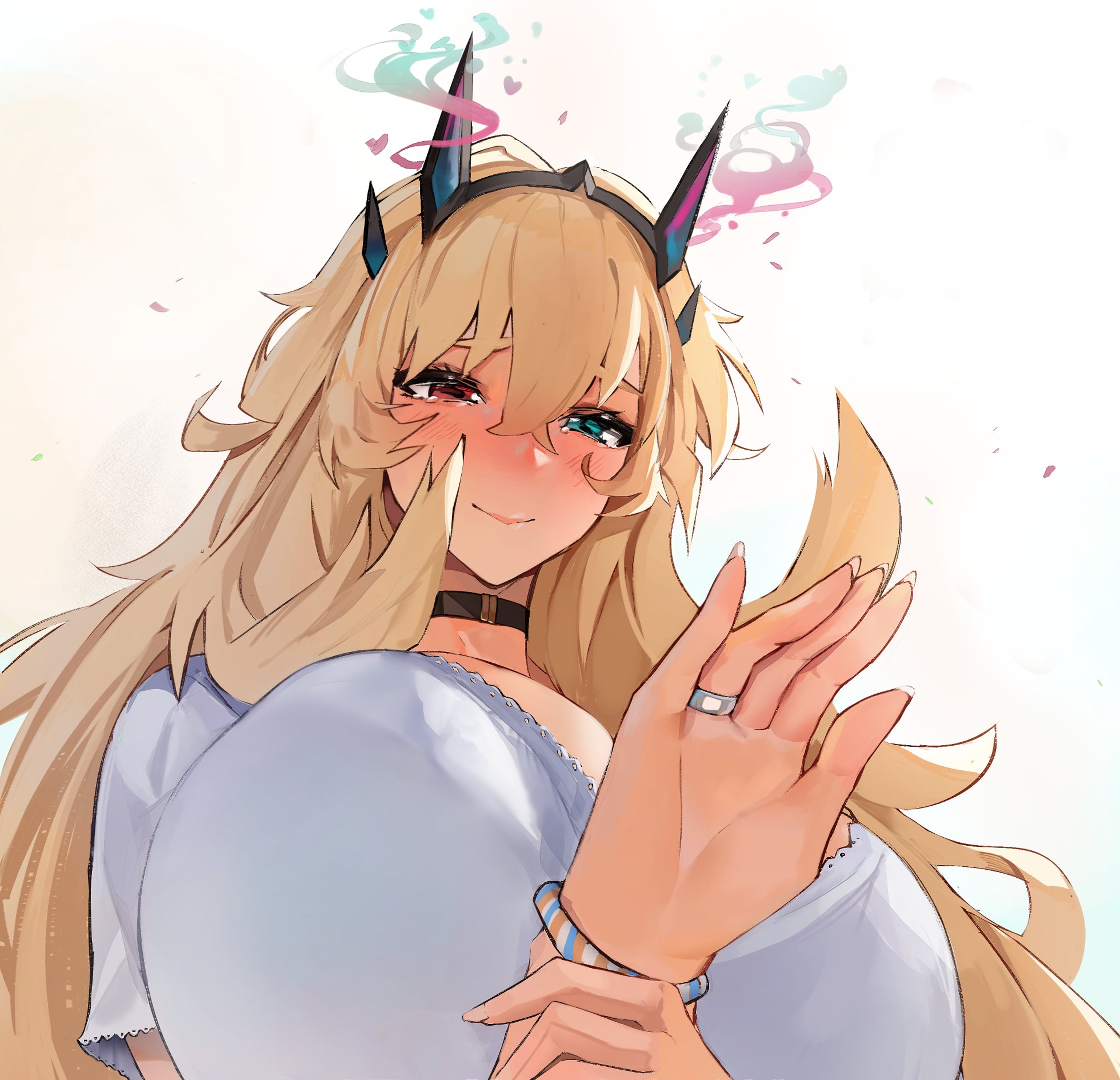 1girls, barghest (gawain) (fate), blonde hair, breasts, crown, fate (series), female, green eyes, heterochromia, huge breasts, long hair, red eyes, ring