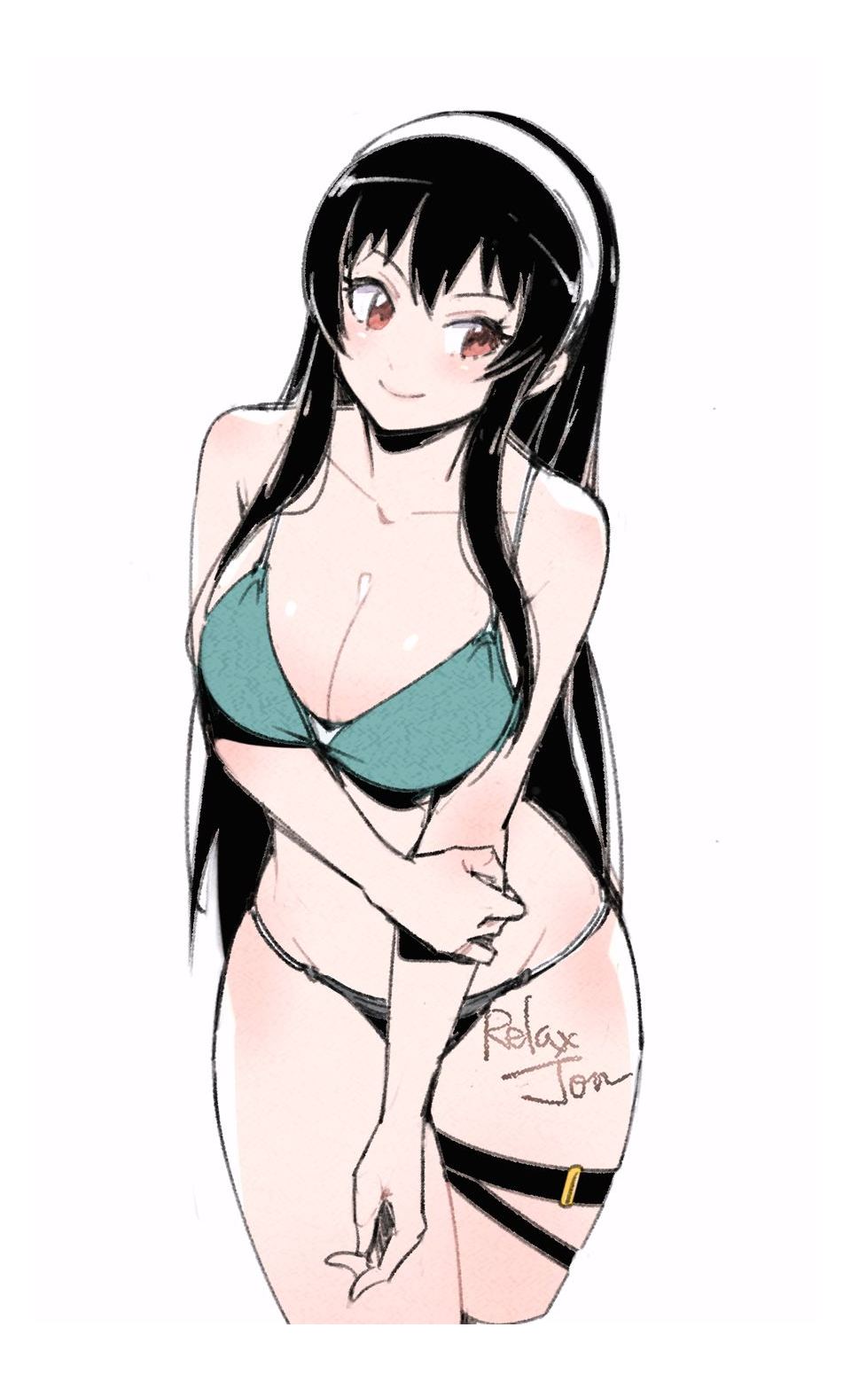 2d, artist name, breasts, female, female only, jon relax, light skin, light-skinned female, pale skin, pale-skinned female, relaxjon, simple background, solid color background, solo, spy x family, watermark, yor briar