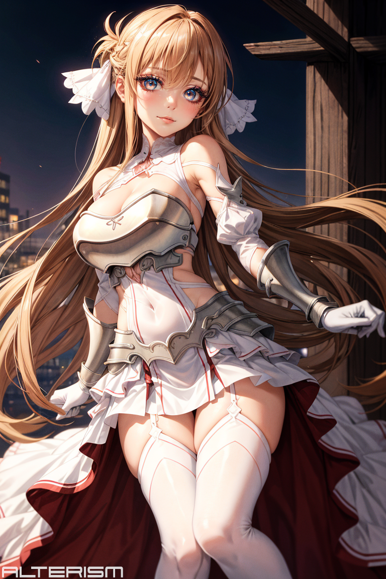 1girls ai_generated alterism armor blush braided_hair breasts cityscape cleavage female_focus female_only garter_straps gloves hair_ornament light-skinned_female light_skin long_hair looking_at_viewer orange_hair skindentation skirt solo stable_diffusion standing sword_art_online thick_thighs thighhighs thighs white_clothing wind yuuki_asuna