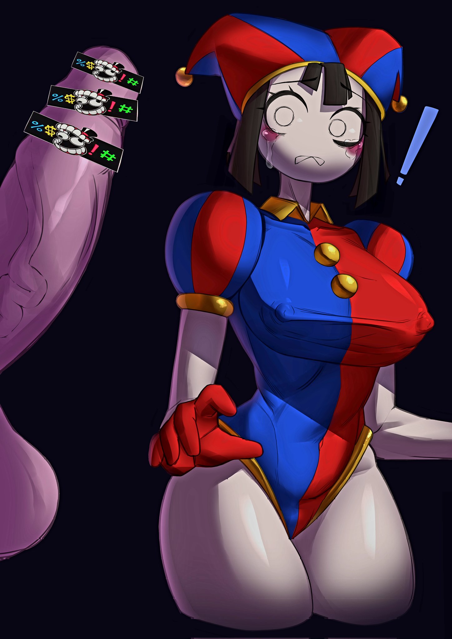 !, 2023, 2d, 2d (artwork), 2d artwork, artist request, big breasts, big penis, big thighs, breasts, brown hair, censor bar, censored, erect nipples, female, glitch productions, gloves, gooseworx, jester, jester cap, jester costume, jester girl, jester hat, jester outfit, looking at penis, male, nipples, nipples visible through clothing, penis, pomni, pomni (the amazing digital circus), purple penis, short hair, straight, surprised, surprised expression, sweat, sweatdrop, sweating, the amazing digital circus, thick thighs, thighs, veiny penis, white body