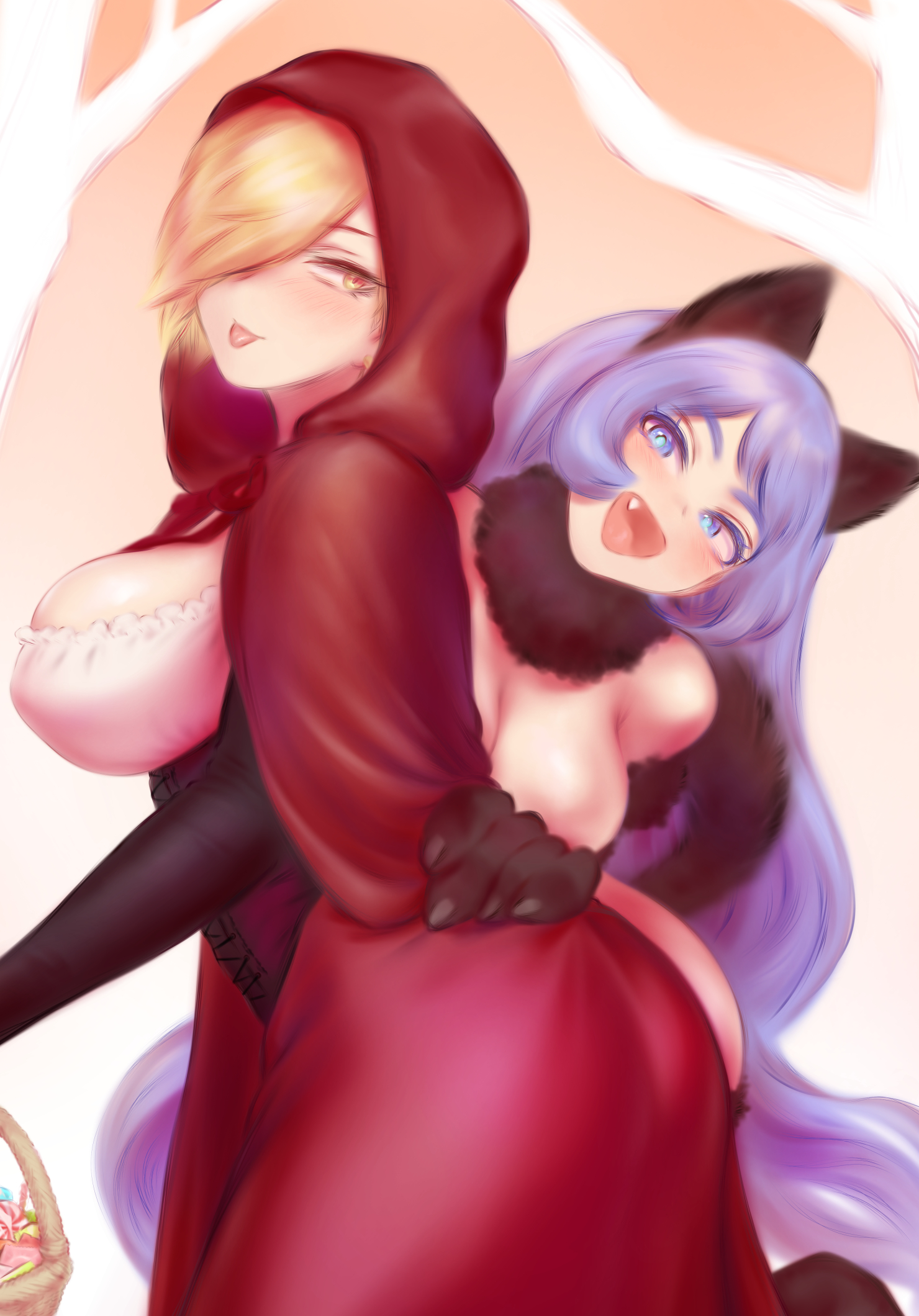2girls, blonde hair, blonde-haired female, blue hair, blue-haired female, blush, breasts, female, halloween costume, my hero academia, nejire hado, open mouth, ryuukyuu, shpo, tatsuma ryuuko, tongue, tongue out