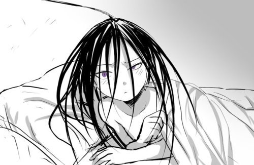 1boy ahoge androgynous bed bedsheets black_hair blanket blush collarbone cute envy_(fma) femboy fullmetal_alchemist homunculus in_bed intimate light_blush long_hair looking_at_viewer lying male_only messy_hair pillow pov purple_eyes sharing_bed sheet_grab under_covers