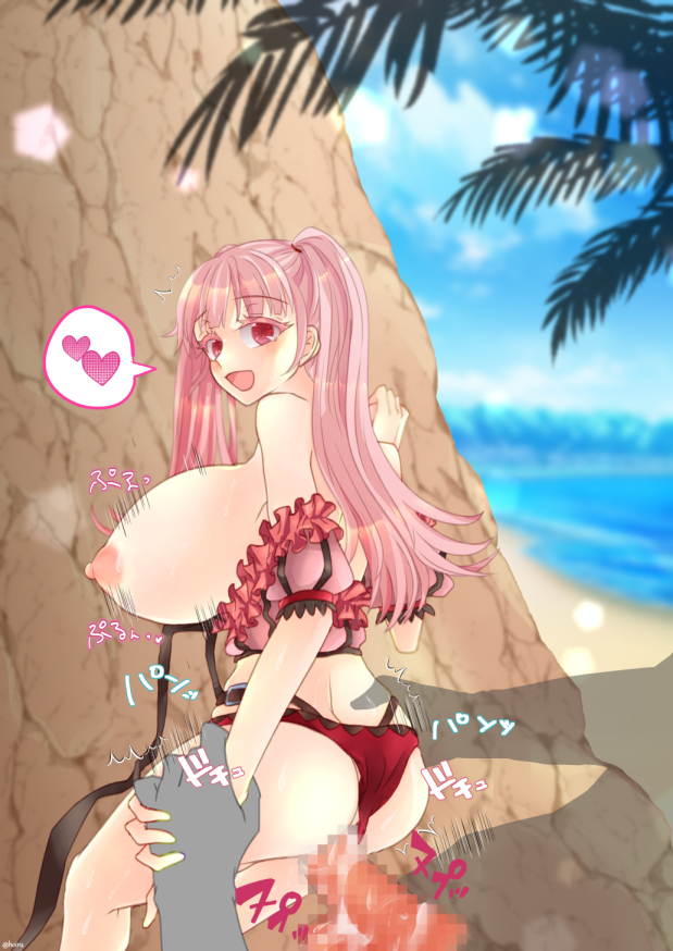 1boy 1girls alternate_costume ass back bangs bare_back beach big_ass bikini bikini_aside breasts breasts_out censored detached_sleeves female female_focus fire_emblem fire_emblem:_three_houses heart hilda_valentine_goneril hilda_valentine_goneril_(summer) hoiru holding_hands huge_breasts long_hair looking_at_viewer looking_back male motion_lines nintendo nipples ocean official_alternate_costume open_mouth outdoors palm_tree penis pink_bikini pink_eyes pink_hair pink_swimsuit sex short_sleeves smile solo_focus sound_effects speech_bubble swimsuit swimsuit_aside tree twintails vaginal_penetration x-ray