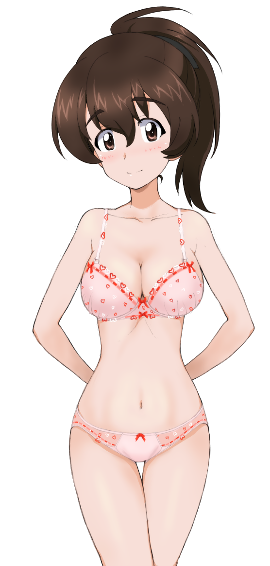 arms_behind_back bow bow_bra bow_panties bra breasts brown_eyes brown_hair cleavage closed_mouth cowboy_shot female girls_und_panzer kayabakoro koyama_yuzu large_breasts light_blush looking_at_viewer medium_hair navel panties pink_bra pink_panties ponytail smile solo standing thigh_gap underwear underwear_only