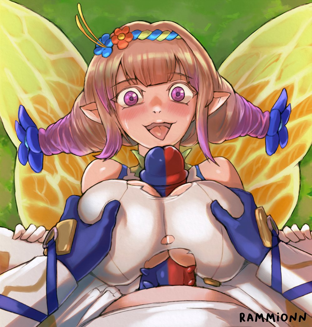 1boy 1girls alear_(fire_emblem) alear_(male)_(fire_emblem) alternate_costume blush boy_on_top breast_grab breasts brown_hair cleavage double_breast_grab fairy fairy_wings female female_focus fire_emblem fire_emblem_engage fire_emblem_heroes gloves groping large_breasts leg_grab male male_pov multicolored_hair nintendo official_alternate_costume on_back open_mouth outdoors paizuri paizuri_under_clothes penis peony_(cherished_dream)_(fire_emblem) peony_(fire_emblem) pointy_ears pov purple_eyes purple_hair rammionn short_hair smile solo_focus spread_legs straddling_paizuri sweat tongue tongue_out torn_clothes wings