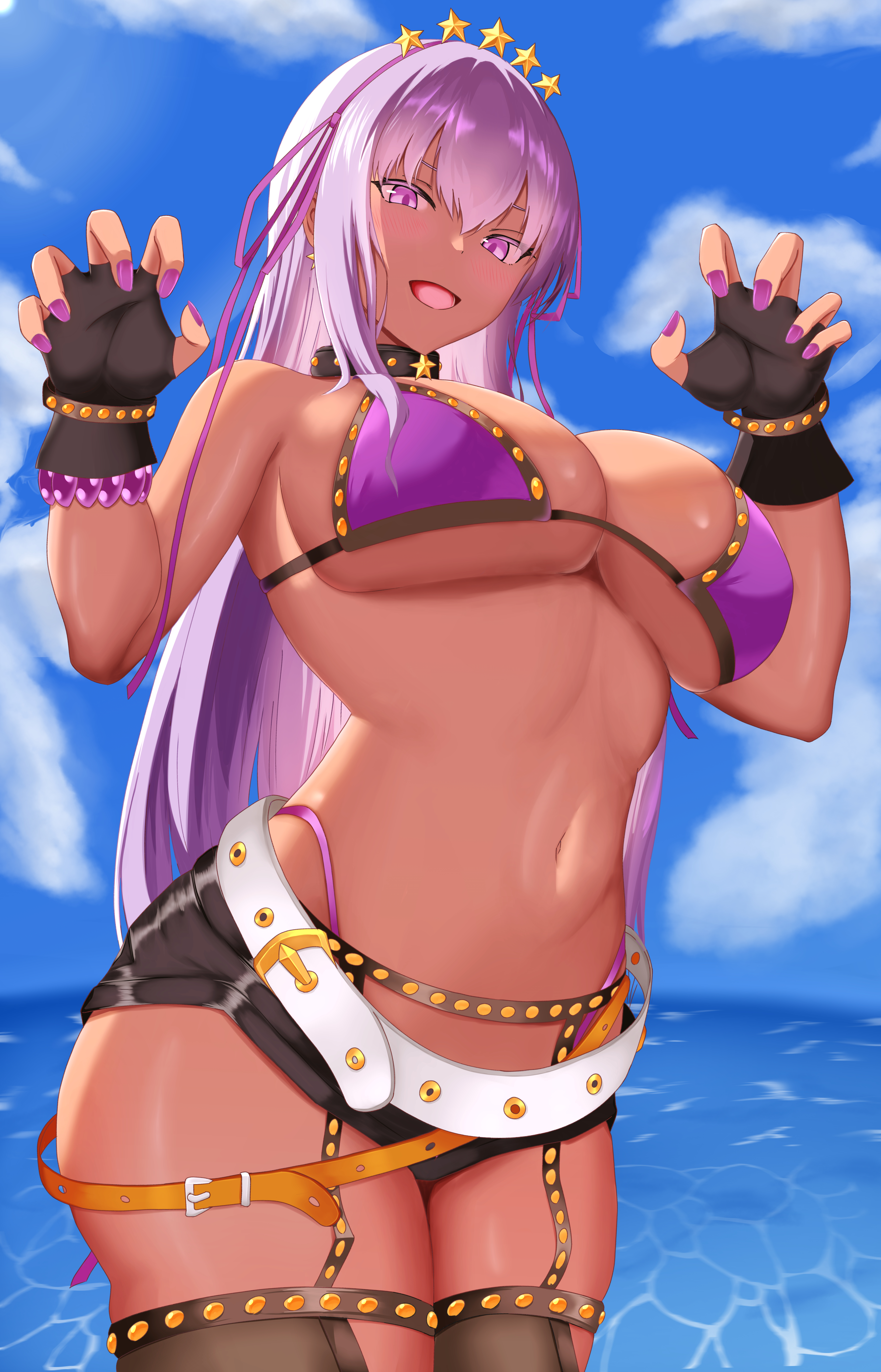 1girls, bb (fate), bb (swimsuit mooncancer), bikini, booty shorts, breasts, elrin, fate (series), fate/grand order, female, hi res, huge breasts, long hair, low-angle view, naughty face, purple bikini, purple eyes, purple hair, short shorts, shorts, smile, tan, tan-skinned female, tanned skin