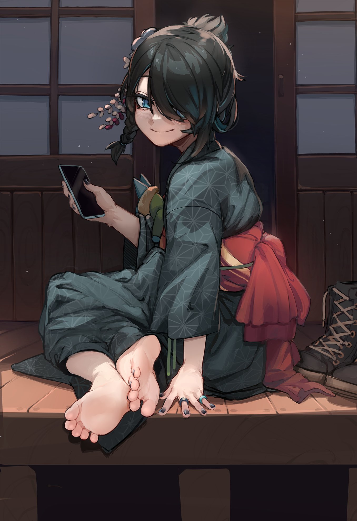 1girls, black nails, black toenails, feet, female, foot fetish, japanese clothes, k-rha's, kimono, kobapoko, looking at viewer, nail polish, nails, pov, pov eye contact, pov feet, solo, solo female, toenail polish, toenails