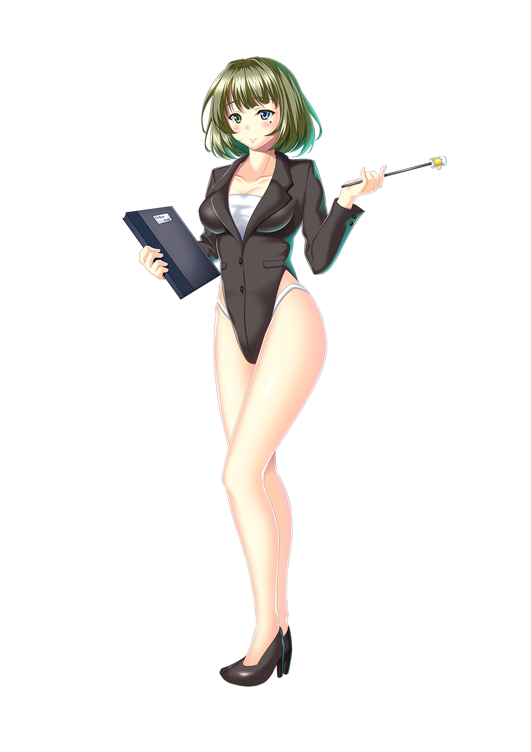 1girls ame_isshiki black_leotard blue_eyes breasts brown_hair folder green_eyes heterochromia high_heels holding_folder holding_pointer idolmaster idolmaster_cinderella_girls large_breasts leotard looking_at_viewer mole mole_under_eye office_lady pointer short_hair suit takagaki_kaede transparent_background