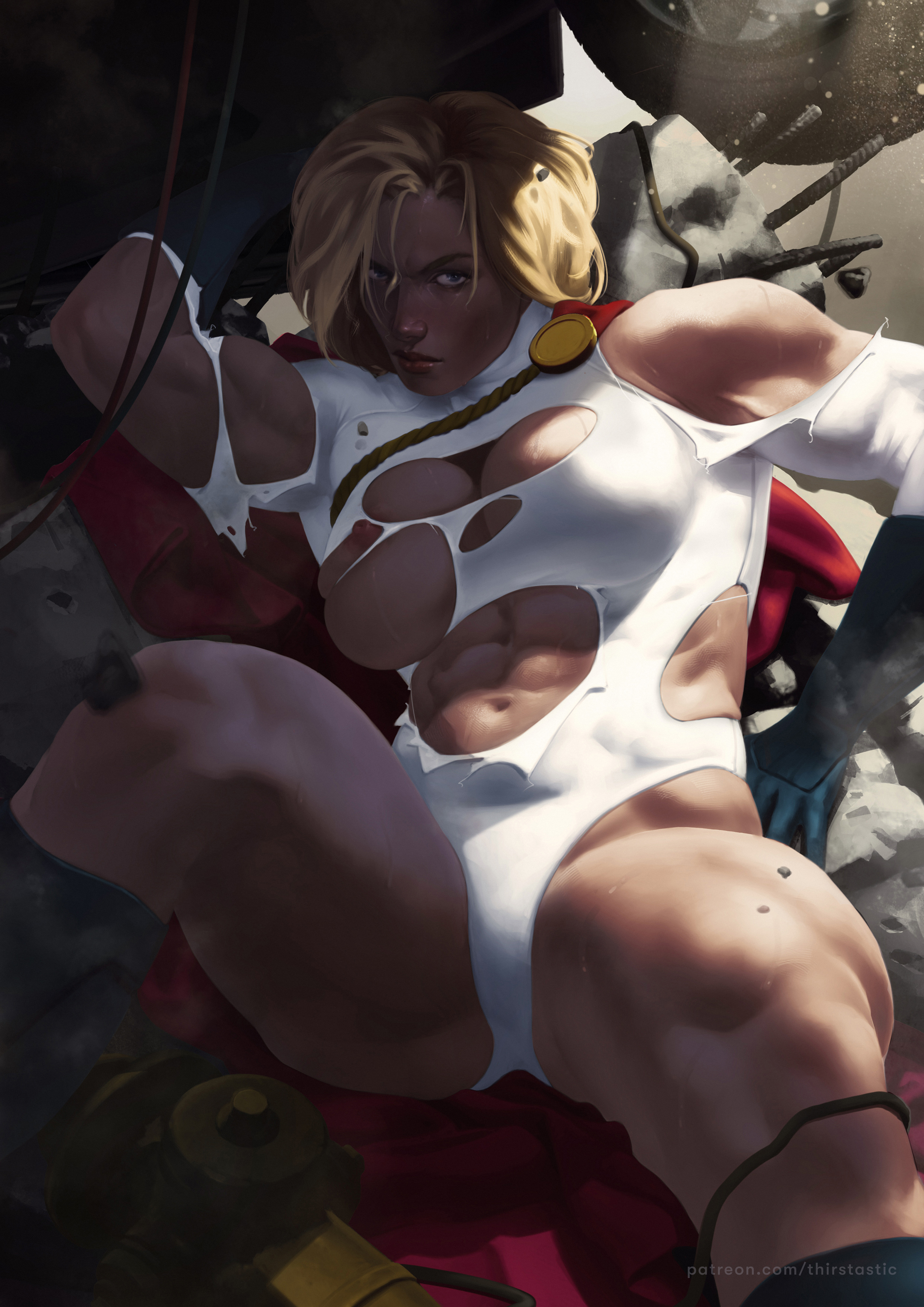 abs, blonde hair, breasts, cleavage cutout, dc, dc comics, dima ivanov, female, large breasts, leotard, muscular, muscular female, nipples, one breast out, power girl, realistic, short hair, solo, superheroine, superman (series), torn clothes