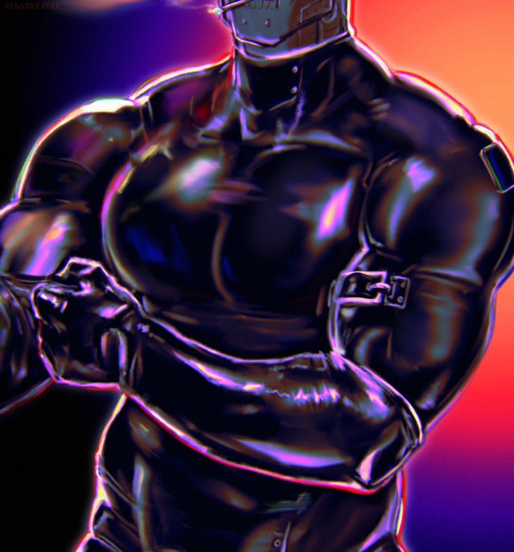 buckle fully_clothed latex male_only mechanical muscular muscular_male pinup robot shiny shiny_clothes steelforgecanis