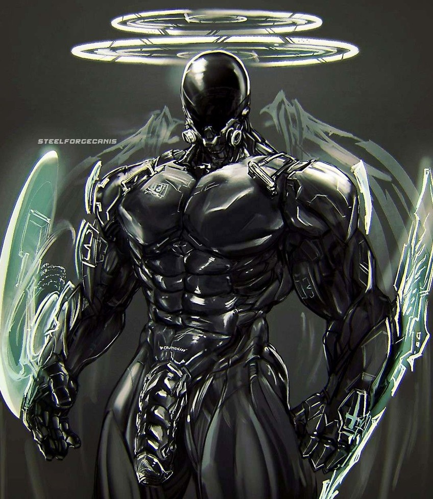 black_body halo male mechanical metallic_body muscular penis robot shiny_skin standing steelforgecanis