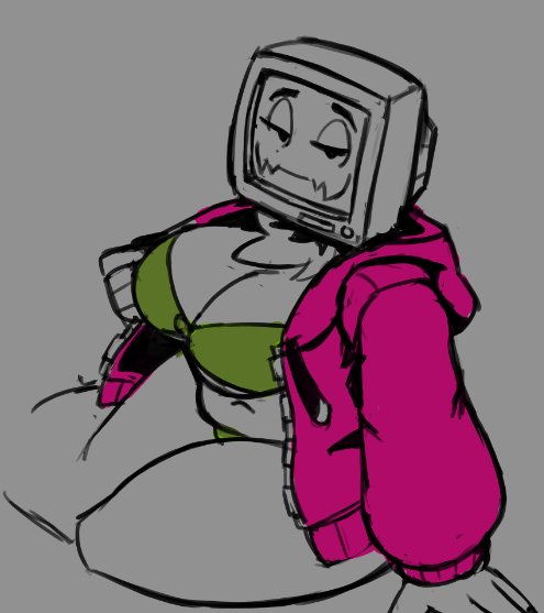 anthro chubby chubby_female fur_tuft furry gamersupps generic_merc_(artist) green_bikini green_bra green_panties looking_at_viewer purple_jacket pyrocynical pyrocynical_tvhead_oc sitting sitting_down sitting_on_floor tv tv_face tv_head tv_screen youtube