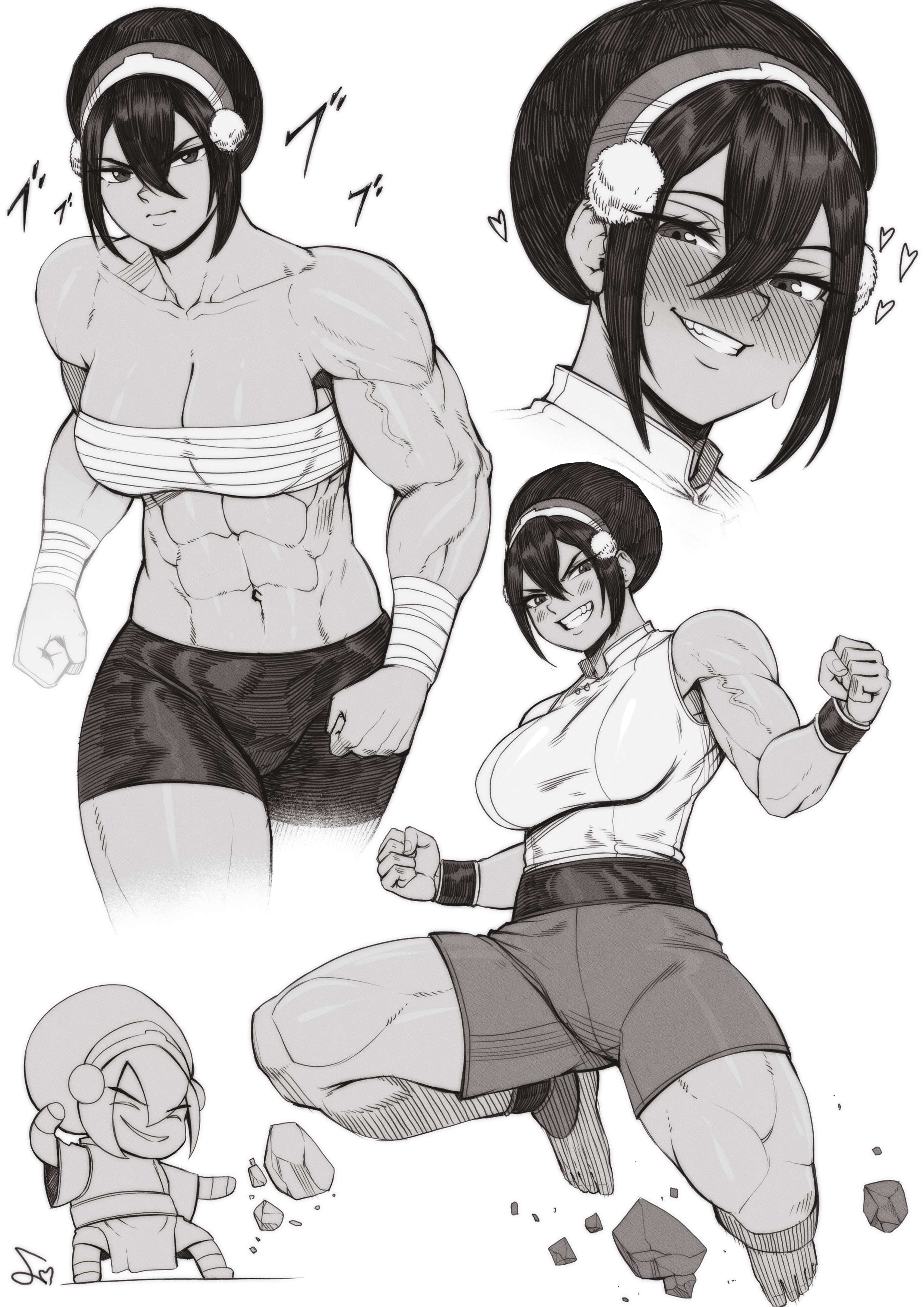 1girls, abs, absurd res, aged up, avatar legends, avatar the last airbender, biceps, blush, breasts, cleavage, earth kingdom, female, greyscale, grin, hair between eyes, heart, hi res, large breasts, monochrome, muscular, muscular female, onomatopoeia, sarashi, short hair, sidelocks, signature, simple background, smile, speedl00ver, sweat, thick thighs, toph bei fong, veins, white background