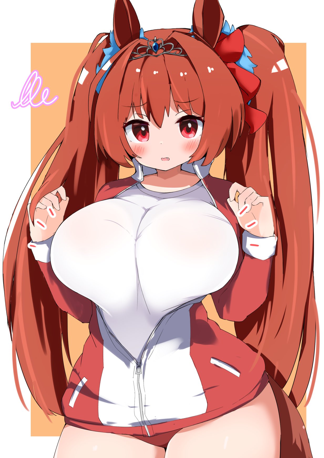 animal ears, breast press, breasts, breasts out, brown hair, buruma, daiwa scarlet (umamusume), female, hair intakes, highres, horse ears, horse girl, horse tail, jacket, large breasts, long hair, looking at viewer, mihihusuzu, oerba yun fang, open mouth, pink eyes, skin fang, solo, tail, thigh gap, tiara, track jacket, translated, twintails, umamusume, very long hair