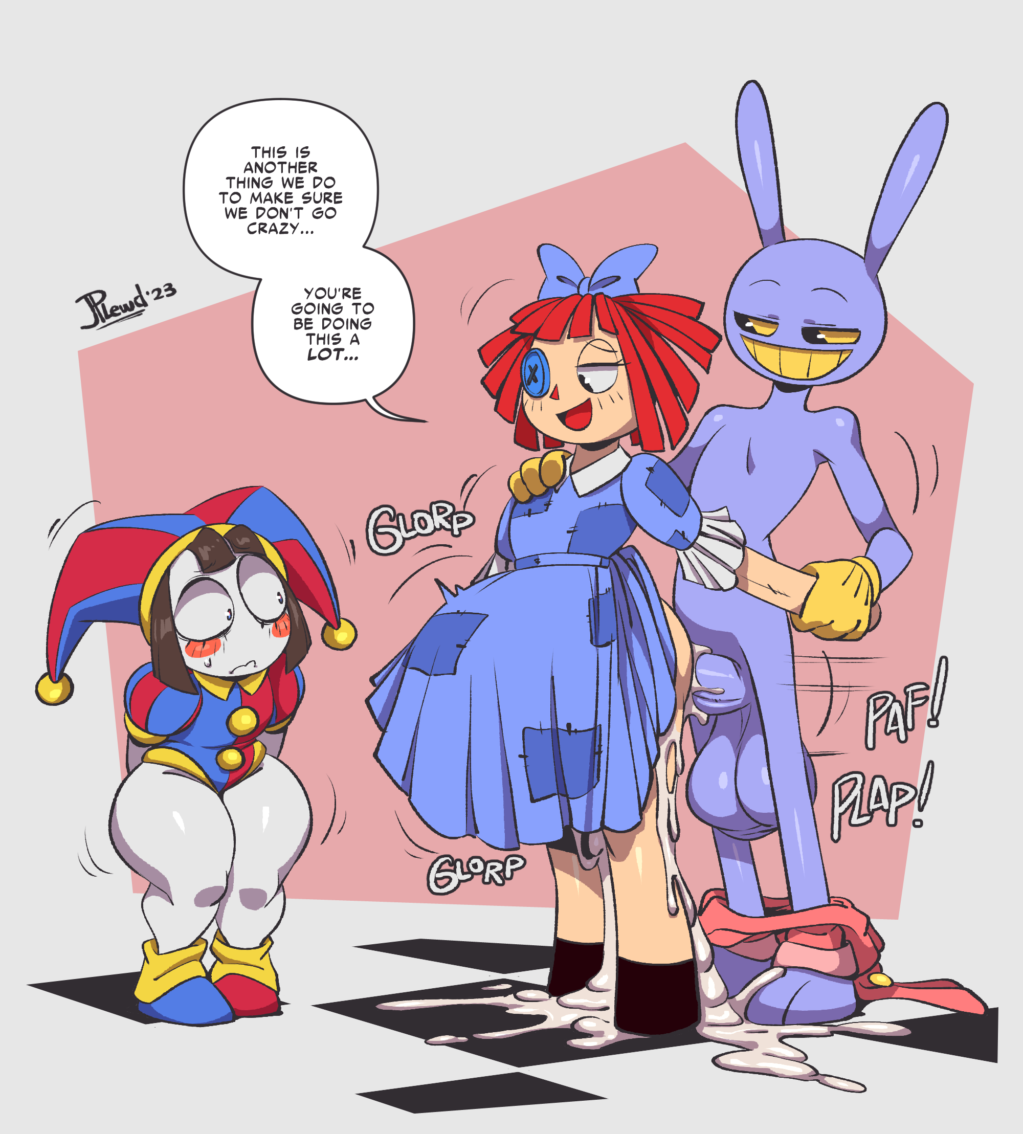 2023, 2d, anthro, big belly, big breasts, blush, bow tie, breasts, brown hair, bunny ears, button eyes, casual sex, cum, cumflation, dialogue, dialogue box, doll, dress, dress moving, fat, female, glitch productions, gloves, gooseworx, huge thighs, inflation, jax (the amazing digital circus), jester, jester cap, jester costume, jester girl, jester hat, jester outfit, joaoppereiraus, pomni, pomni (the amazing digital circus), purple body, ragatha, ragatha (the amazing digital circus), red hair, short hair, shortstack, straight, sweat, sweatdrop, sweating, the amazing digital circus, thick thighs, white body