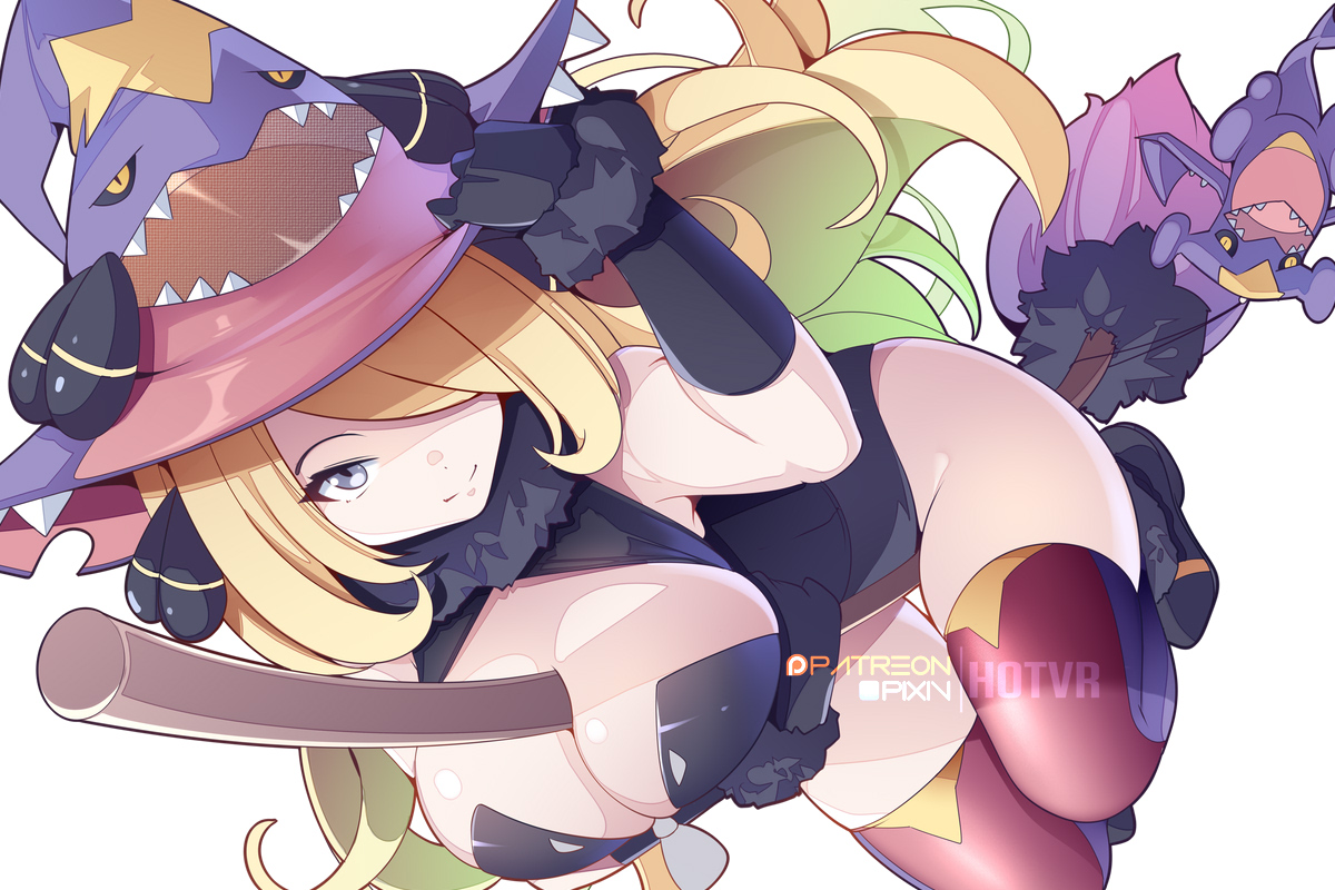 1girls, blonde hair, breasts, cynthia (pokemon), female, game freak, hair over one eye, halloween, hotvr, huge breasts, light skin, light-skinned female, long hair, nintendo, pokemon, pokemon dppt, thick thighs, witch costume, witch hat