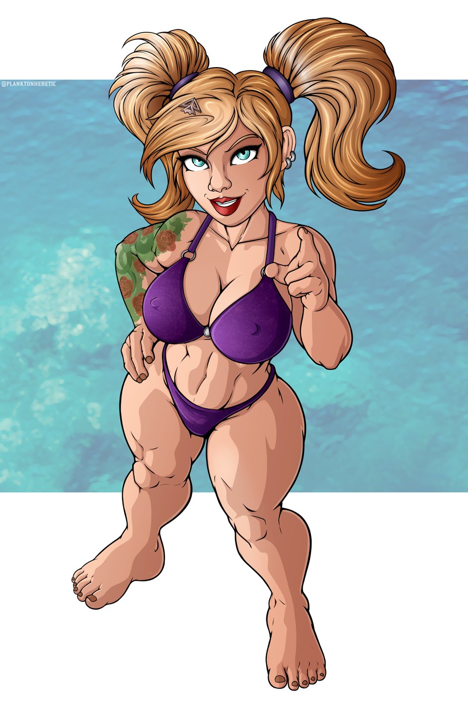 1girls blonde_hair blue_eyes bra earrings female female_only gnome gnome_(warcraft) gnome_female hairclip high-angle_view latia_felcog looking_at_viewer looking_up_at_viewer muscular muscular_female original_character panties planktonheretic pointing_at_viewer red_lips smile solo solo_female standing tattoo twintails warcraft world_of_warcraft