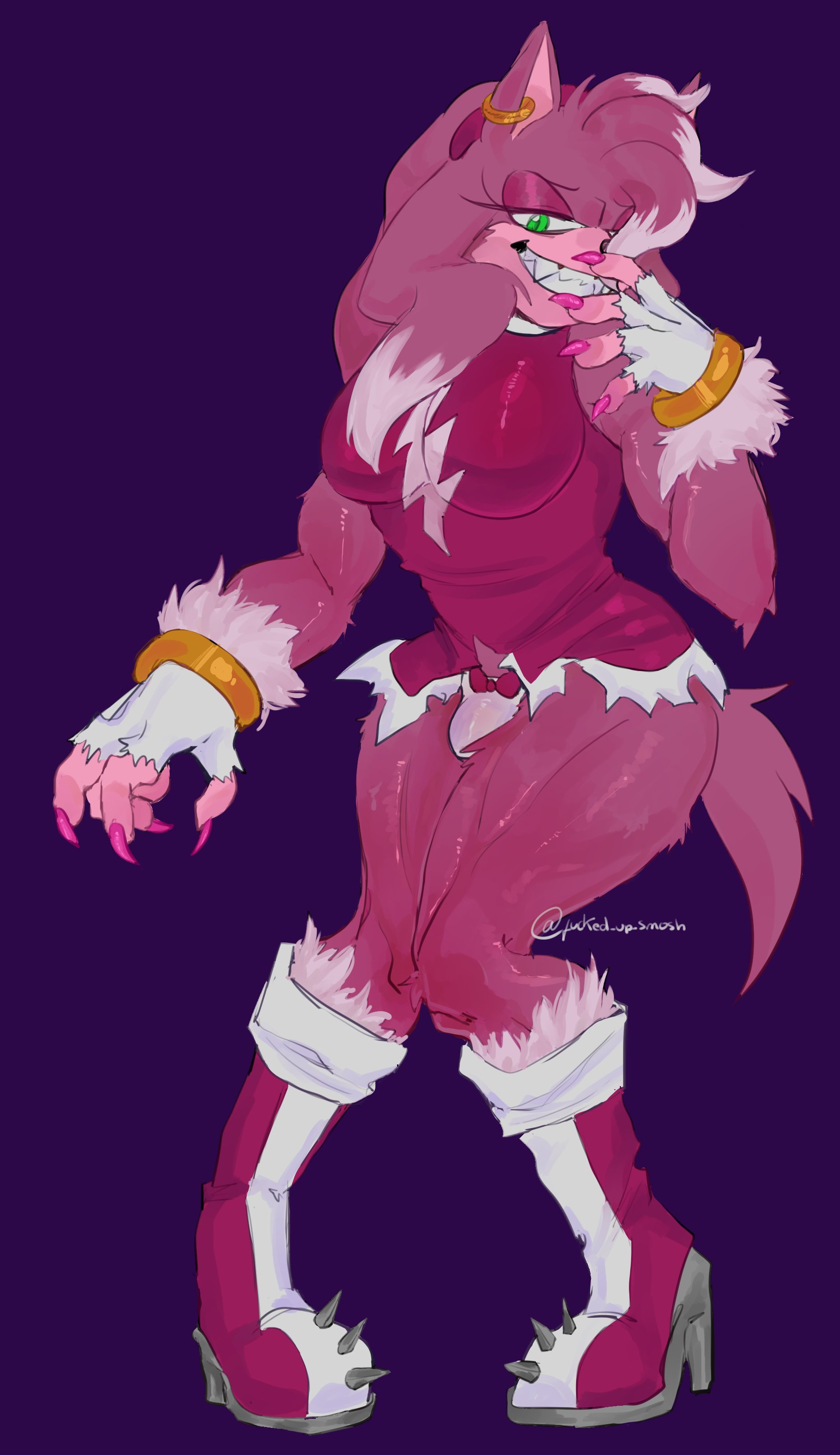 amy rose, amy rose the werehog, boots, bracelet, breasts, bulge, bulge in panties, claws, cleavage, ear ring, female, fucked up smosh, furry, futanari, gloves, grin, intersex, muscular, muscular female, panties, sega, sharp teeth, sonic (series), sonic unleashed, spiked boots, torn clothes, werehog, yiff