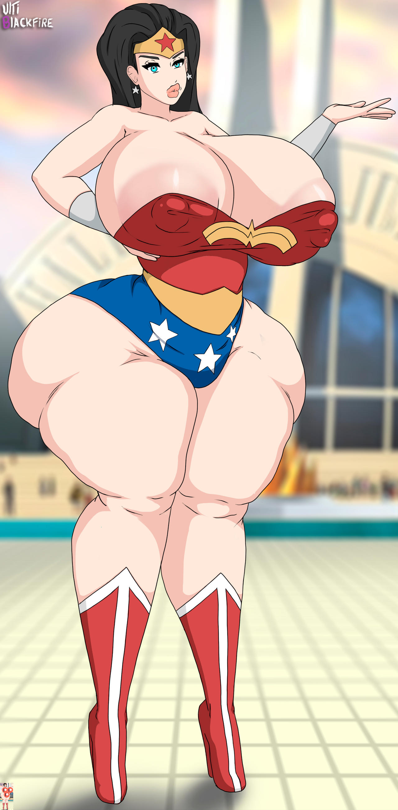 1girls, ass, big areola, big ass, big breasts, big butt, big nipples, bimbo, bimbo lips, black hair, blue eyes, breasts, dc, dc comics, female, female only, high heel boots, high heels, justice league, nipples visible through clothing, solo, solo female, thick, thick thighs, ultiblackfire, voluptuous, wide hips, wonder woman, wonder woman (series)