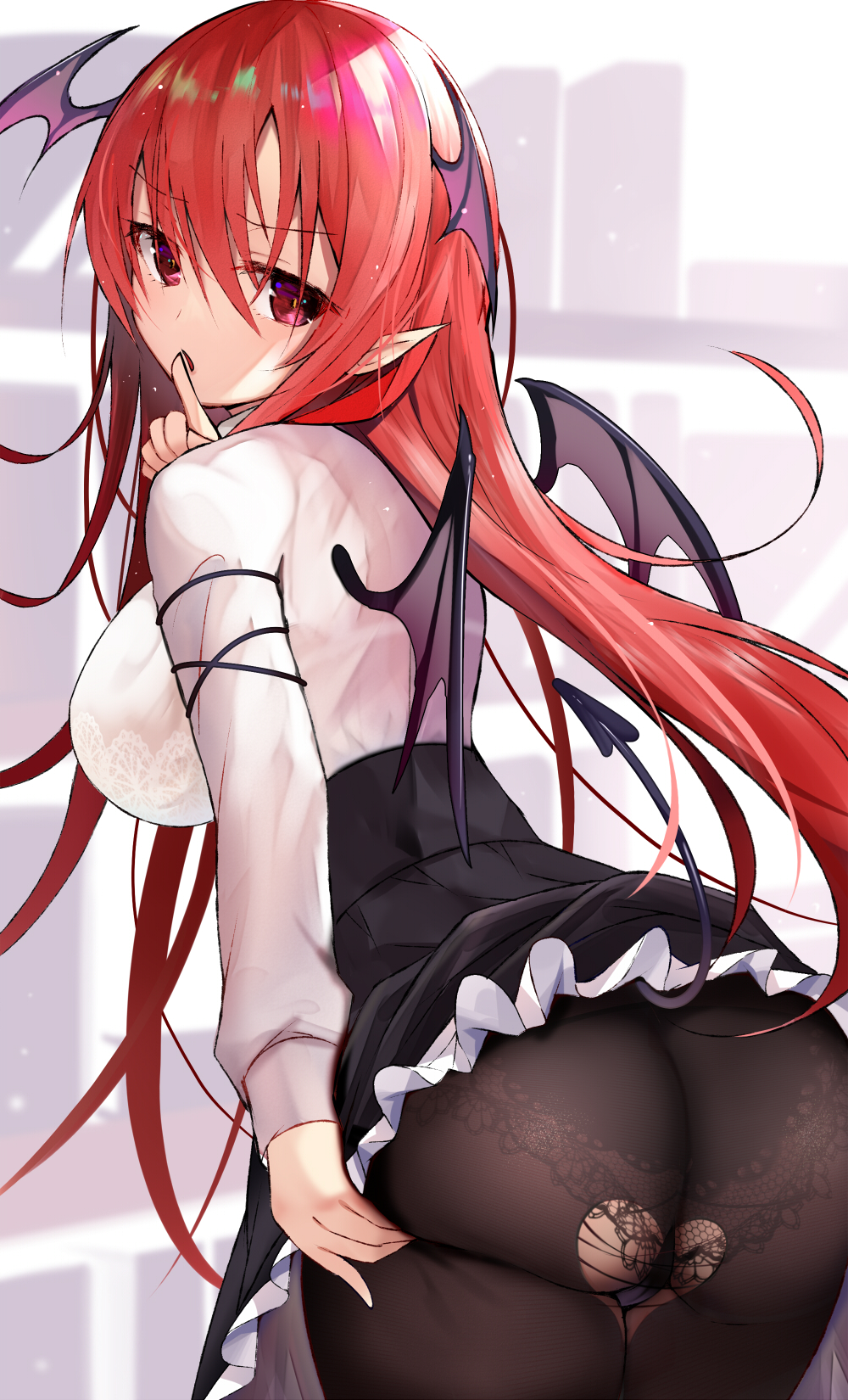 ass big_breasts demon demon_girl efe finger_in_mouth heart_cutout hole_in_pants koakuma mature_female pantyhose pointy_ears red_hair succubus touhou wings wings_on_head