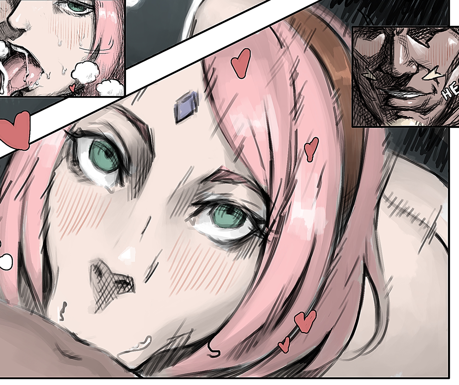 :>=, 1boy, 1girl, 1girls, 2d, 2d (artwork), absurd res, absurdres, affair, arched back, beard, bent over, blowjob, bob cut, boruto: naruto next generations, cheating, cheating wife, close-up, comic, completely naked, completely naked female, completely nude, completely nude female, cum, cum in mouth, cum inside, cum on tongue, cumshot, cumshot in mouth, dark skin, dark-skinned male, dilf, dualberettas, duo, duo focus, eye contact, eyes rolling back, facial hair, fellatio, female, female focus, forehead jewel, forehead mark, green eyes, hair down, hairband, haruno sakura, heart, heart symbol, hearts, hearts around head, hi res, high resolution, highres, human, human only, interracial, interracial sex, kneeling, kunoichi, light skin, light-skinned female, looking at viewer, looking up, love heart, love hearts, male, male pov, male/female, medium hair, milf, moustache, naked, narrowed eyes, naruto, naruto (series), naruto shippuden, naughty face, netorare, ntr, nude, nude female, on knee, open mouth, oral, outercourse, pale skin, pale-skinned female, panels, pink hair, pov, pov eye contact, pov male, raikage, sakura haruno, sakura uchiha, sex, shonen jump, shoulder length hair, shounen jump, shueisha, story, straight, sucking, sucking penis, sweat, sweatdrop, sweating, tongue, tongue out, uchiha sakura, vacuum blowjob, vacuum fellatio, vacuum suck, vacuum-like fellatio, very high resolution, weekly shonen jump, weekly shounen jump
