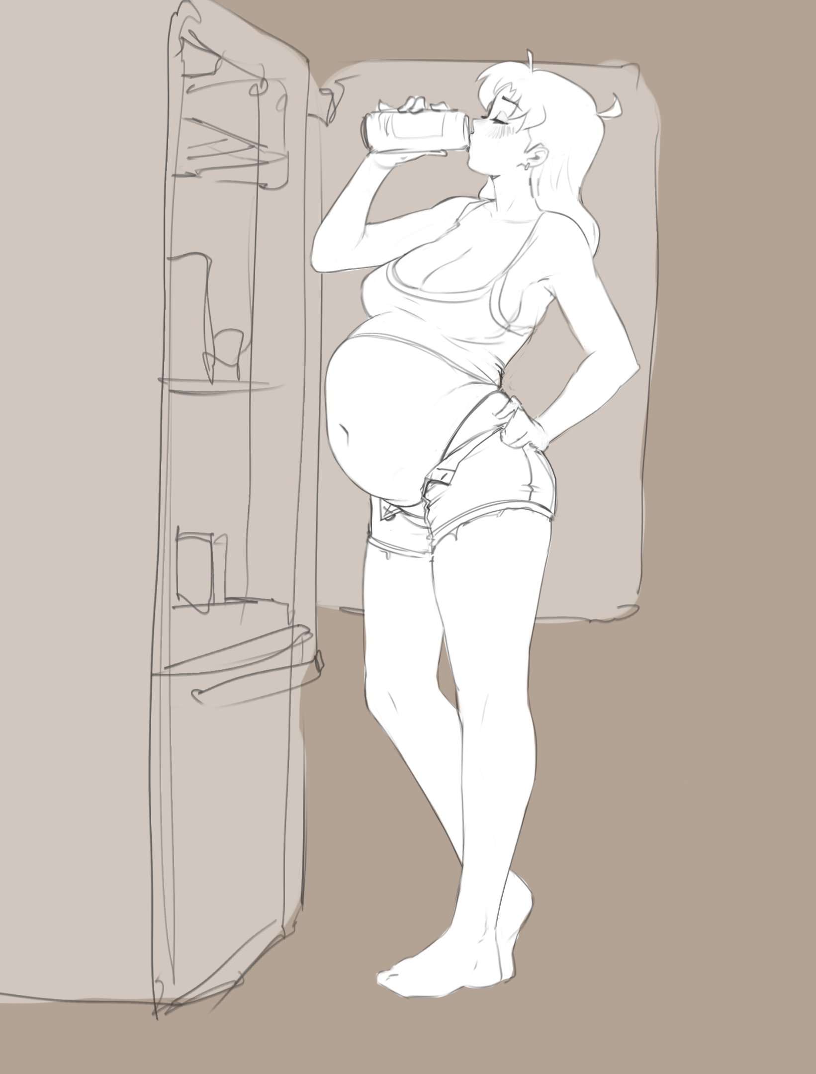 1girls, alcohol, beer, beer can, belly expansion, bloated, bloated belly, bloated stomach, bloated tummy, bloating, drinking, female, female only, fully clothed, misato katsuragi, neon genesis evangelion, obese, solo, stuffed belly