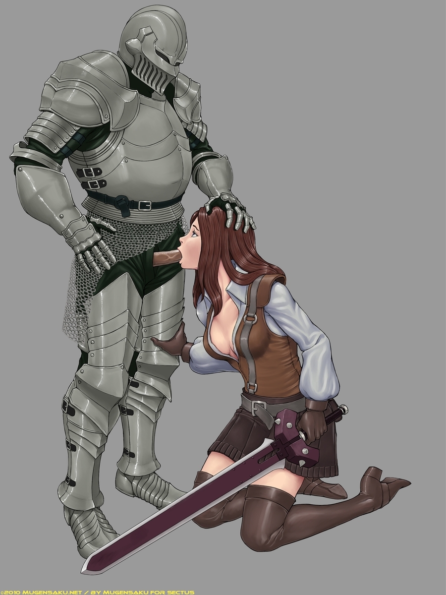 1boy 1girls 2010 armor armour brown_hair cleavage fellatio female fiona_(mabinogi) hair high_heels knight male mugensaku oral skirt straight sucking sword thighhigh_boots vindictus weapon