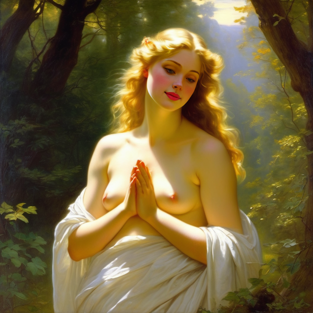 ai_generated blonde_hair blue_eyes breasts convenient_censoring curly_hair curvy forest lips long_hair nipples praying presenting realistic small_breasts smile solo topless william_bouguereau