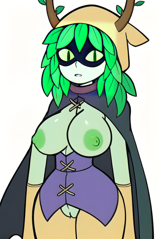 adventure_time ai_generated antlers big_breasts black_eyes black_pupils breasts_out cartoon_network cloak curvy exposed_breasts exposed_pussy gloves green_nipples green_sclera green_skin hat huntress_wizard leaves leaves_hair looking_at_viewer nipples pants pixai pussy simple_background vagina white_background