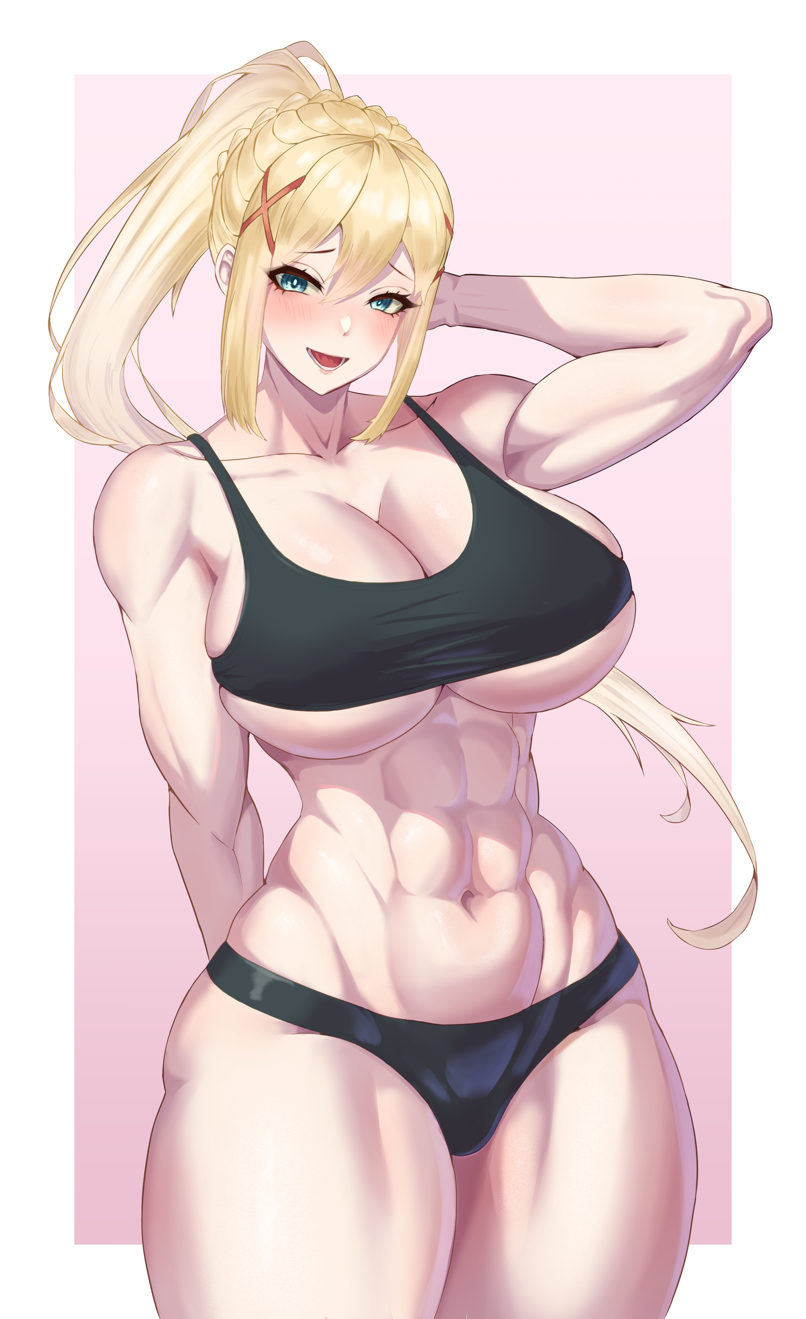 1girls, abs, big breasts, blonde hair, blue eyes, blush, bottomwear, breasts, cleavage, darkness (konosuba), female, female only, hair, hand behind head, hatch24601, huge breasts, kono subarashii sekai ni shukufuku wo!, large breasts, muscles, muscular, muscular female, ponytail, solo, solo female, sports bra, sports uniform, sportswear, thick thighs, thighs, topwear