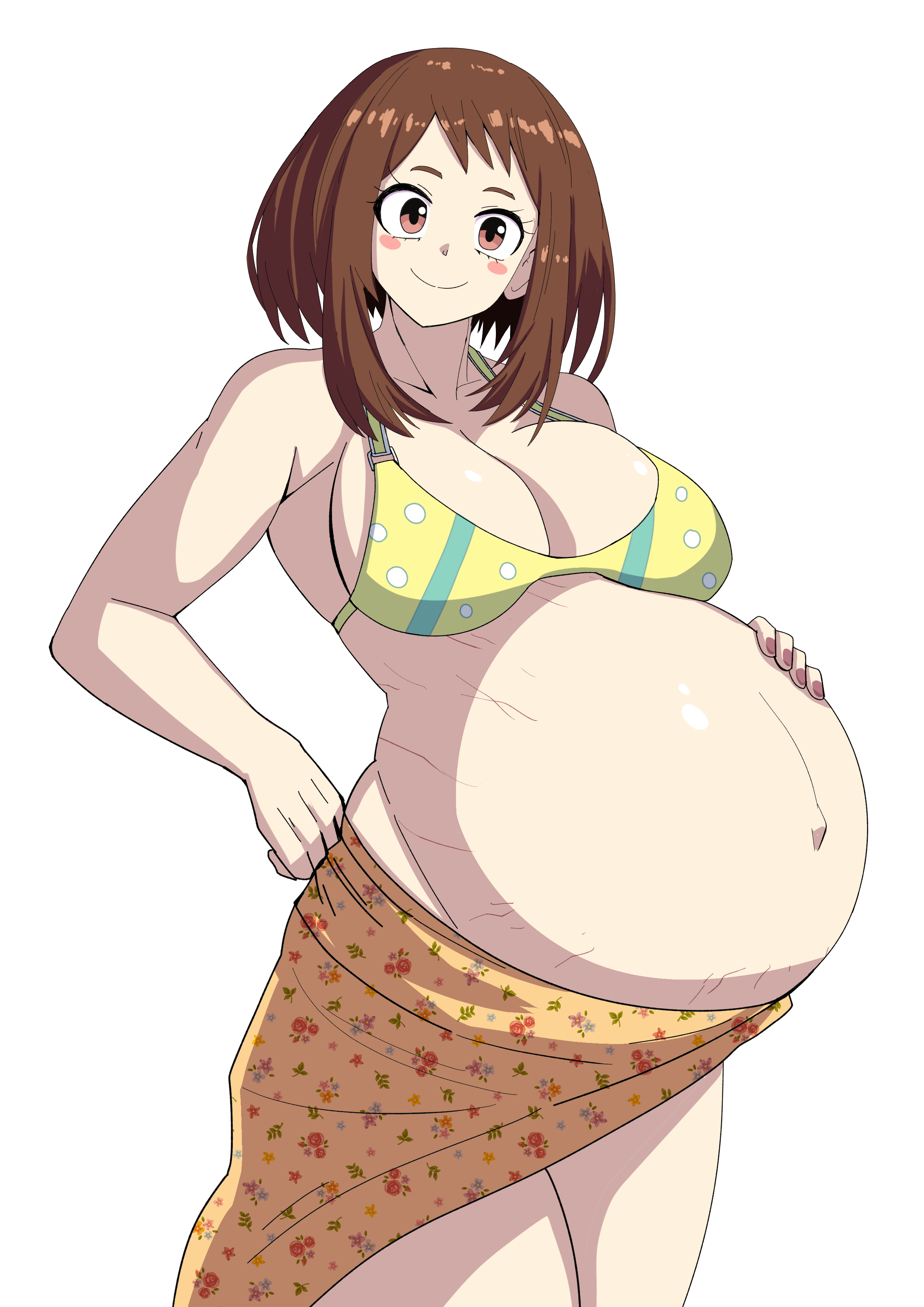 1girls, belly, big belly, big breasts, bikini top, breasts, brown hair, cleavage, cute, female, hand on belly, happy, huge breasts, looking at viewer, my hero academia, ochako uraraka, pregnant, smile, smiling at viewer, solo, stretch marks, yuhacyan
