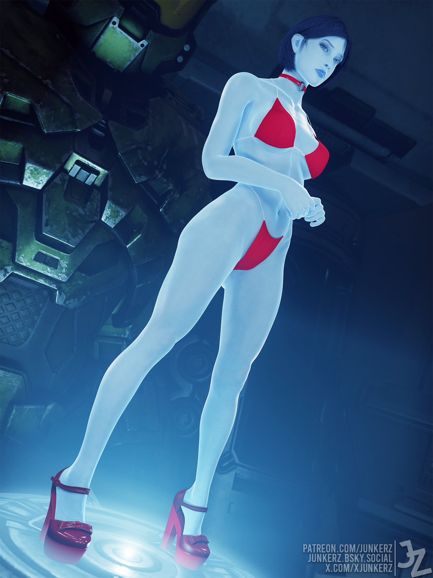 2022, 3d, 3d (artwork), ai character, bikini, bikini bottom, bikini top, blender, blender (software), blue body, blue hair, blue skin, bob cut, choker, female, female only, halo (series), high heels, high resolution, highres, joyeuse, junkerz, low-angle view, master chief, revealing clothes, the weapon (halo infinite), video games
