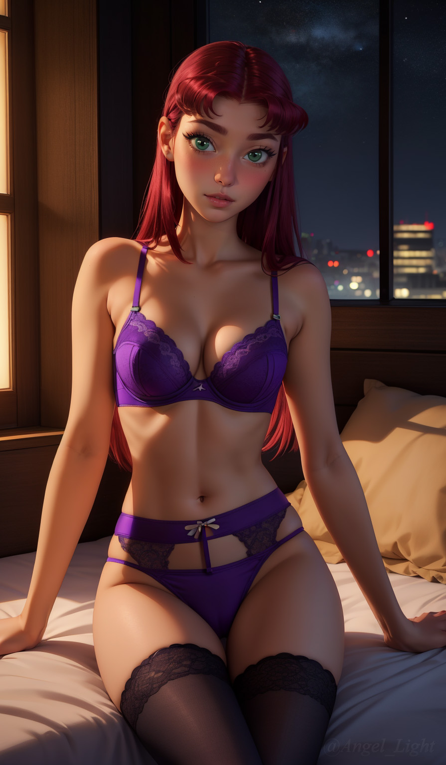 1girls, ai generated, angel light, angel light (artist), dc, dc comics, female, green eyes, panties, red hair, starfire, stockings, teen titans, underwear