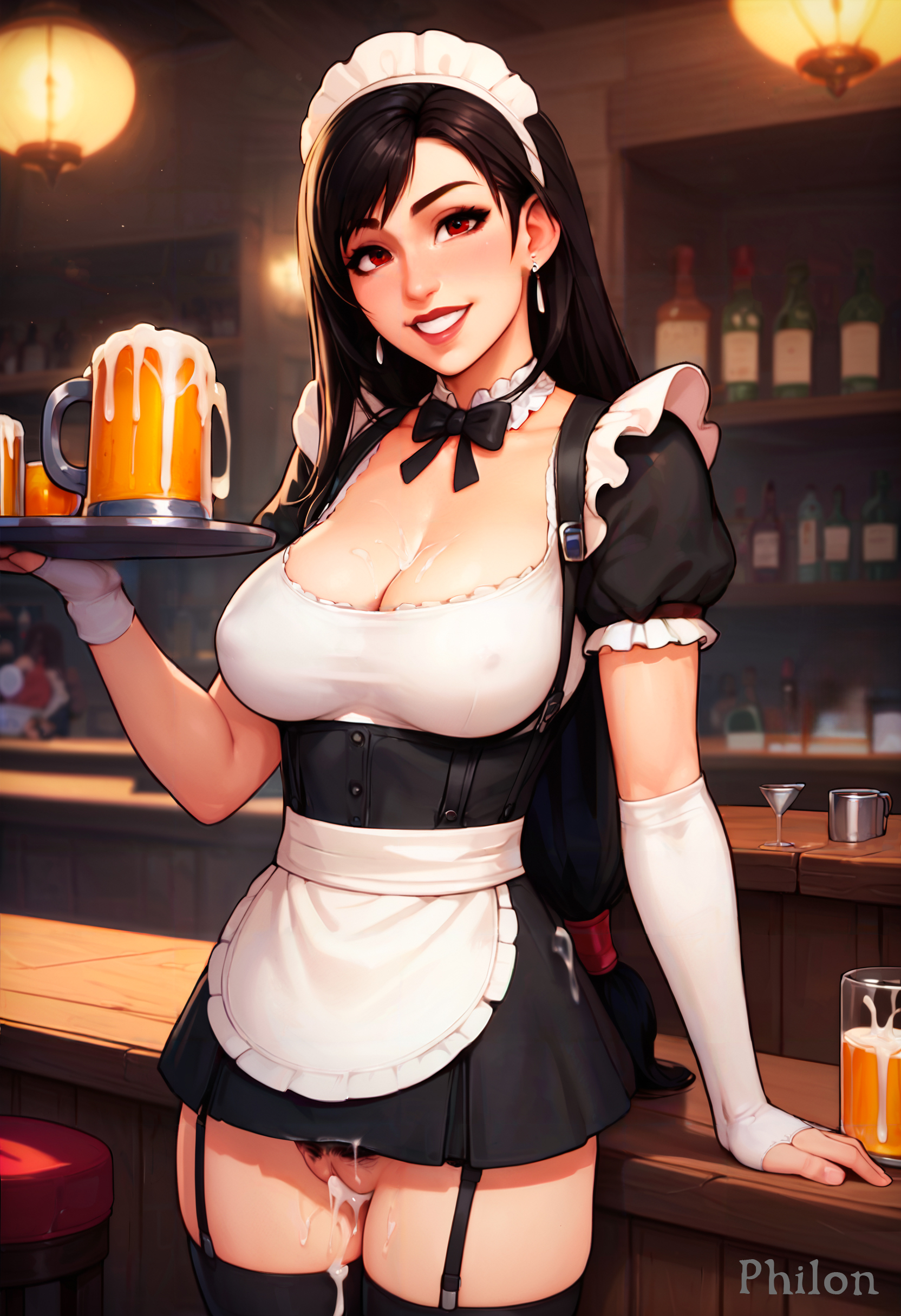 1girls, after sex, ai generated, apron, beer, black hair, black thighhighs, blush, breasts, cleavage, covered nipples, cum, cum in pussy, cum inside, cum on breasts, cum on clothes, cumdrip, cup, earrings, female, female only, female pubic hair, final fantasy, final fantasy vii, garter straps, gloves, holding, jewelry, large breasts, long hair, looking at viewer, low-tied long hair, maid, maid headdress, microdress, mug, nipple bulge, philon, pubic hair, pussy, red eyes, smile, solo, stable diffusion, standing, thighhighs, tifa lockhart, tray, waitress