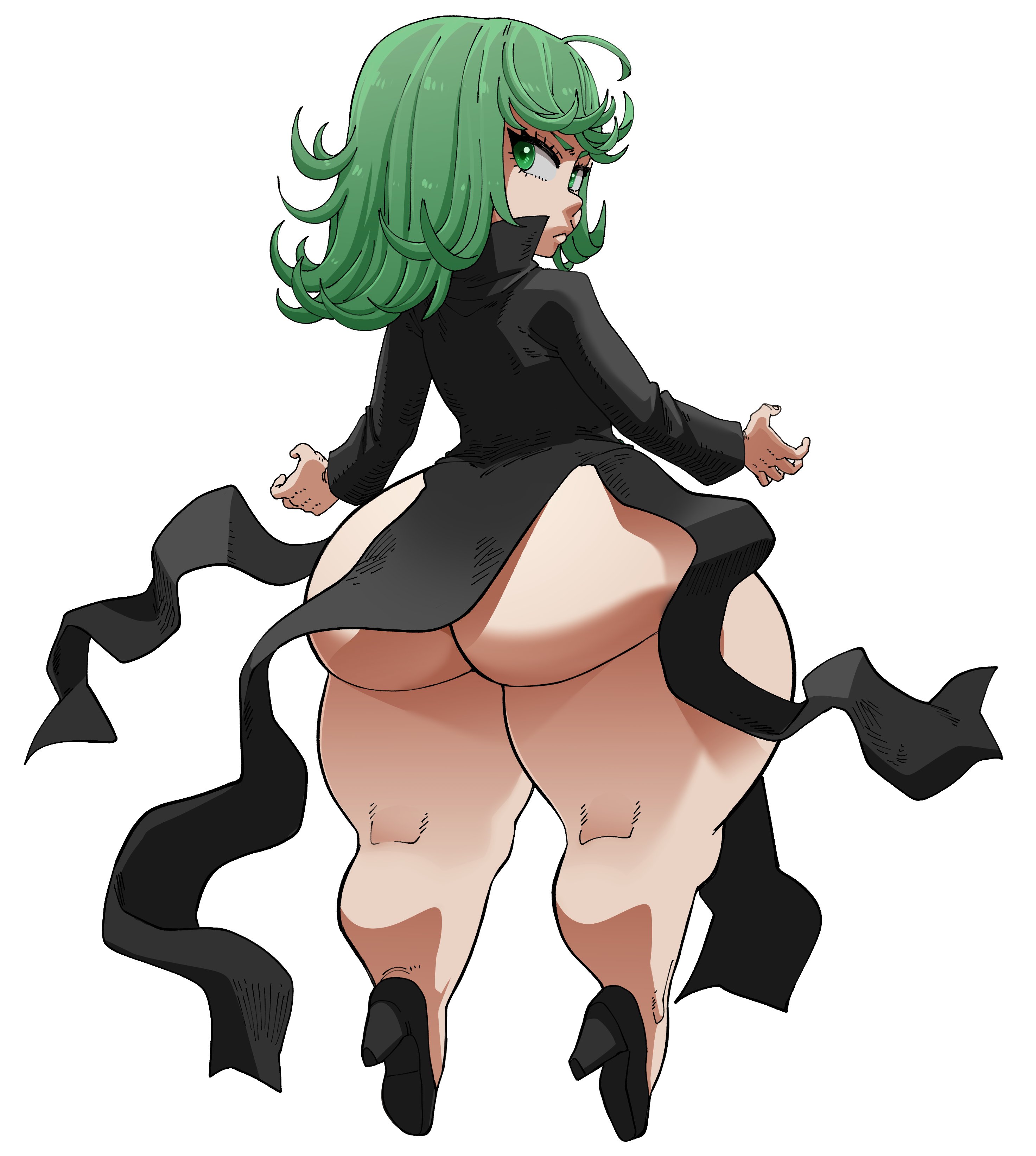 1girls, absurd res, absurd resolution, absurdres, ass, ass focus, bare ass, big ass, big butt, bottom heavy, bubble ass, bubble butt, curvaceous, curvy, curvy female, curvy figure, dress, exposed ass, fat ass, female, female focus, female only, green eyes, green hair, heels, hi res, high heels, high resolution, highres, large ass, light skin, light-skinned female, looking back, mappa, medium hair, no panties, no underwear, nuclearwasabi, one-punch man, revealing, revealing clothes, shortstack, simple background, solo, solo female, solo focus, tatsumaki, thick ass, thick thighs, thighs, voluptuous, voluptuous female, white background