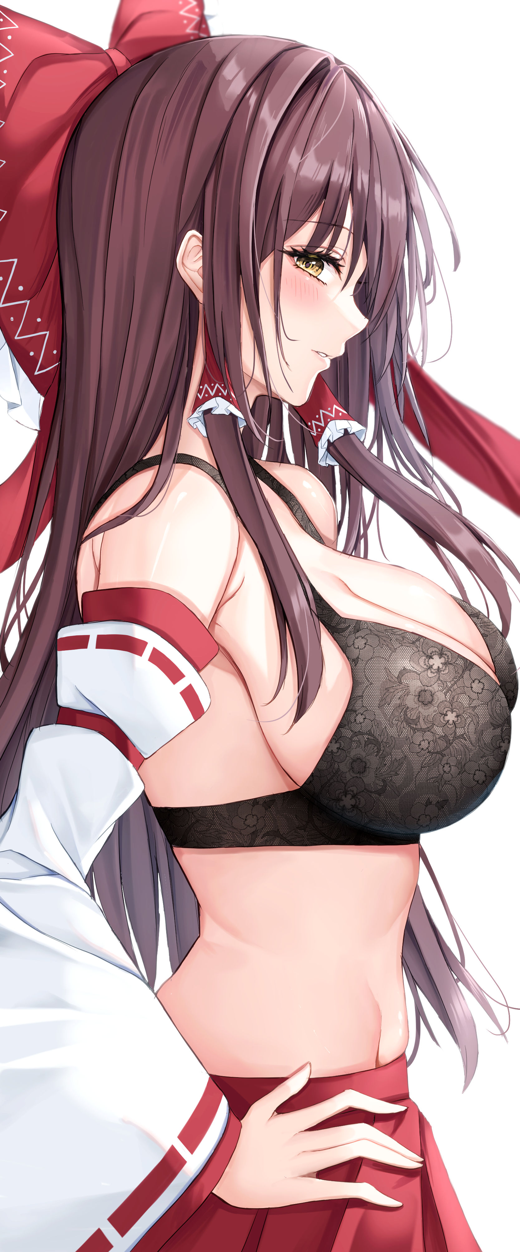 7saki, absurdres, black bra, bow, bra, breasts, brown hair, cleavage, commentary request, detached sleeves, female, from side, hair tubes, hairbow, hakurei reimu, highres, large breasts, long hair, looking at viewer, no shirt, parted lips, red bow, red skirt, reimu hakurei, ribbon trim, ribbon-trimmed sleeves, sidelocks, sideways glance, simple background, skirt, solo, touhou, underwear, white background