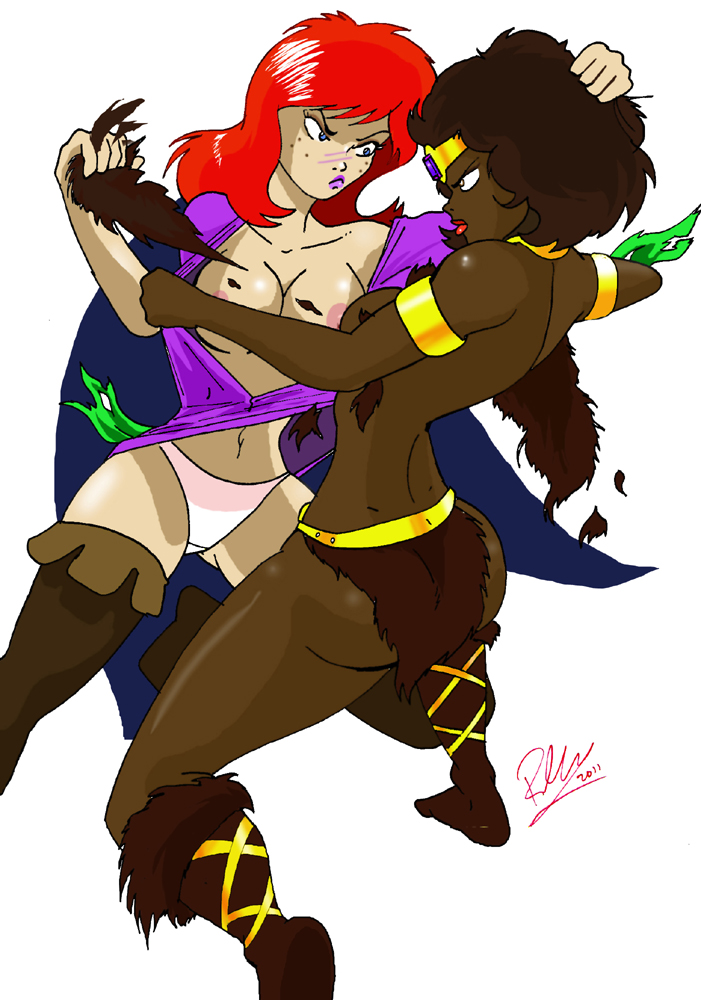 2011 2girls angry areola ass black_hair blue_eyes blush breasts brown_skin catfight cleavage dark-skinned_female dark_skin diana_the_acrobat dungeons_and_dragons dungeons_and_dragons_(cartoon) female female_only freckles ginger hips hourglass_figure inspector97 interracial lipstick multiple_girls nipples pale-skinned_female pale_skin panties red_hair sheila_the_thief sideboob torn_clothes yuri