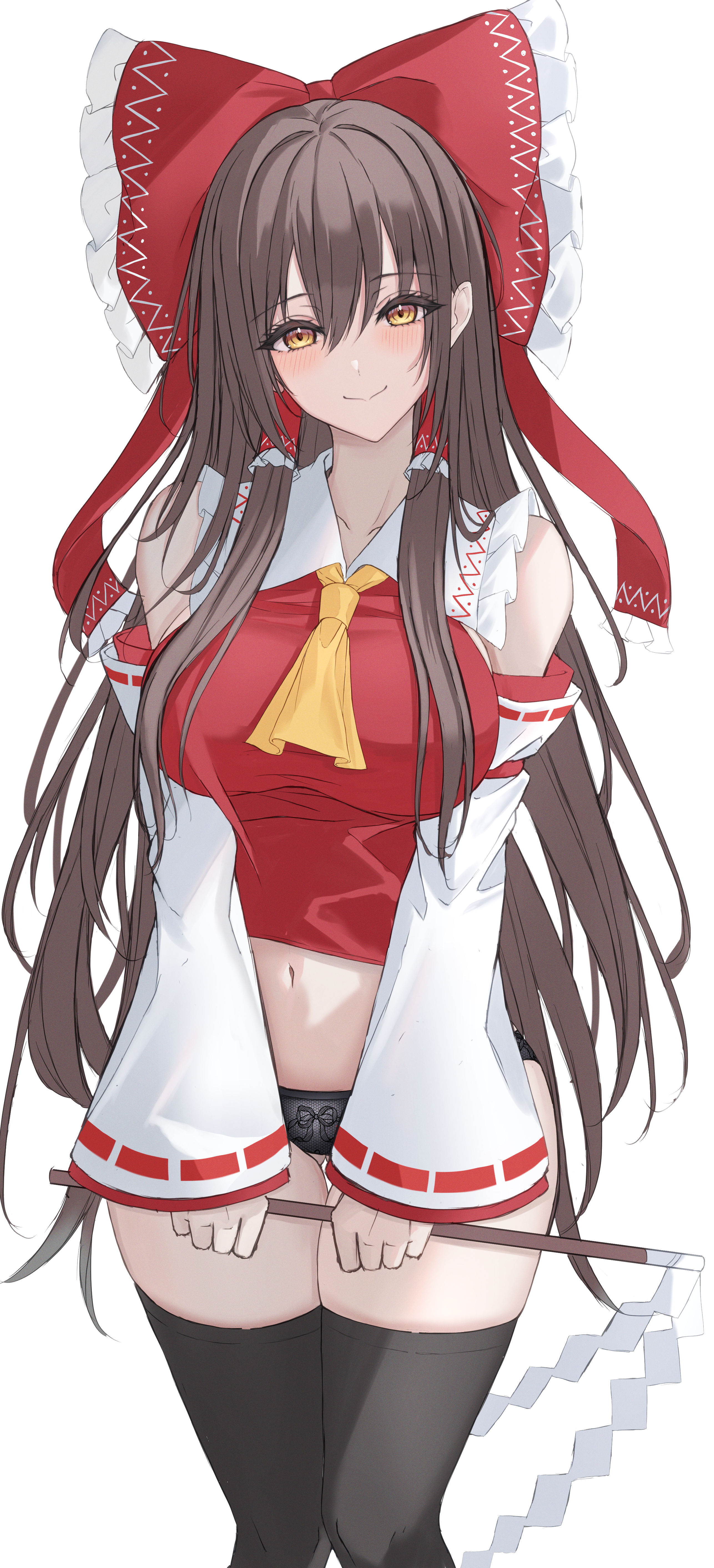7saki, absurdres, bare shoulders, brown hair, detached sleeves, female, hakurei reimu, highres, long hair, panties, red eyes, reimu hakurei, simple background, smile, solo, standing, touhou, underwear
