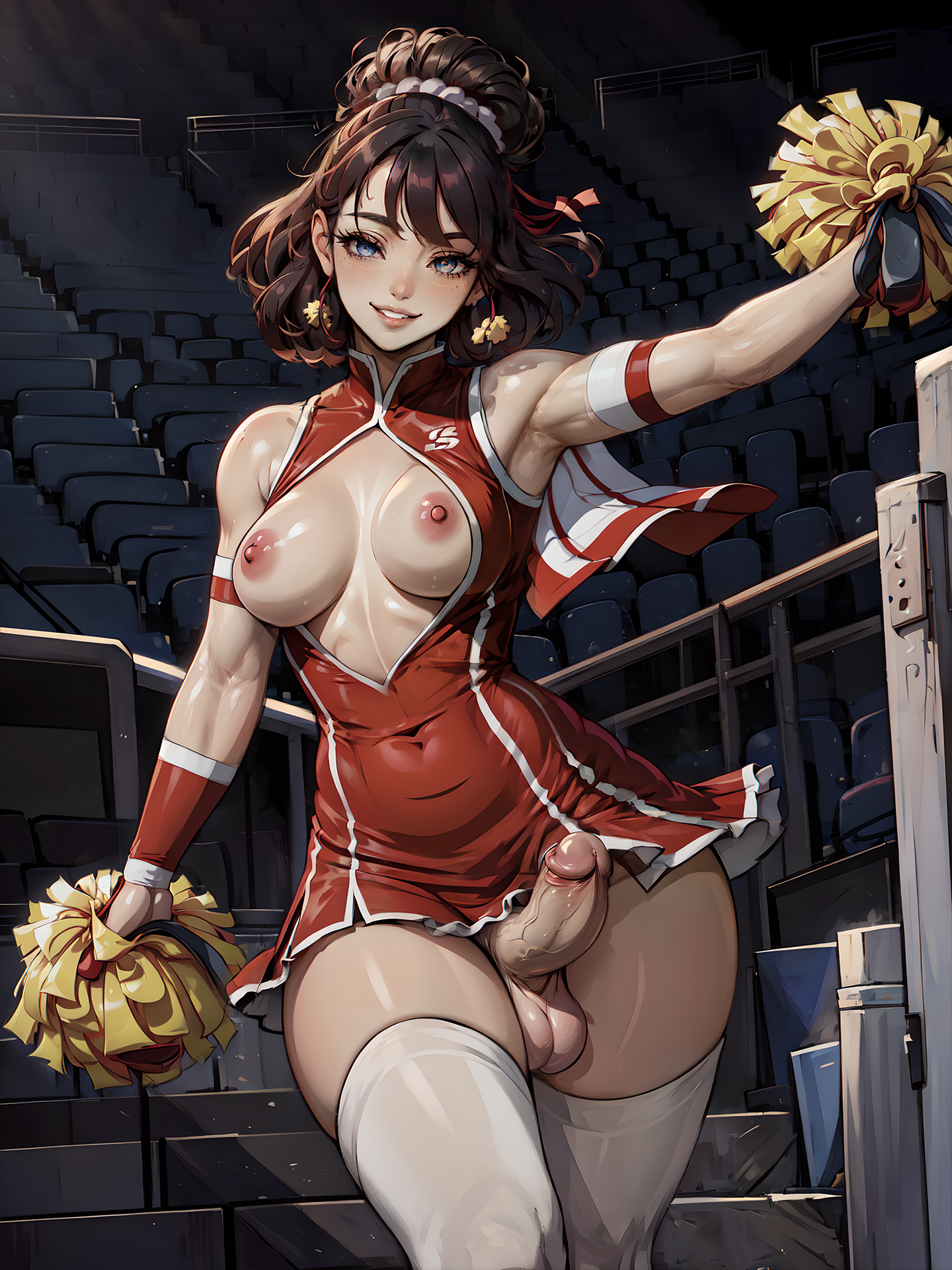 1futa, ai generated, armpits, balls, blue eyes, boob window, breasts, brown hair, cheerleader, dickgirl, erect penis, erection, futa only, futa sans pussy, futanari, huge cock, intersex, medium breasts, nipples, original, penis, pom poms, solo, solo futa, stable diffusion, stadium, testicles, thighhighs, veritai