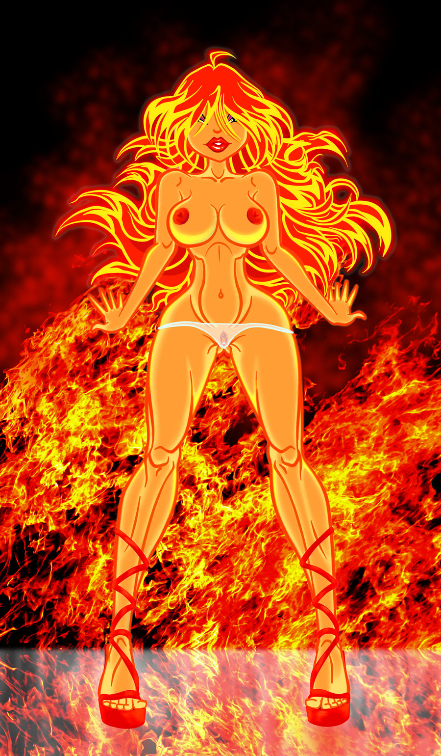 1girls areola areolae bloom_(winx_club) breasts cleavage dark_bloom eyeshadow fire fire_hair ginger high_heels hourglass_figure lipstick long_hair looking_at_viewer makeup muscles muscular navel nipples panties pubic_hair pussy rainbow_(animation_studio) red_hair see-through see-through_panties solo teenager thin_waist voluptuous wide_hips winx_club yellow_eyes zfive