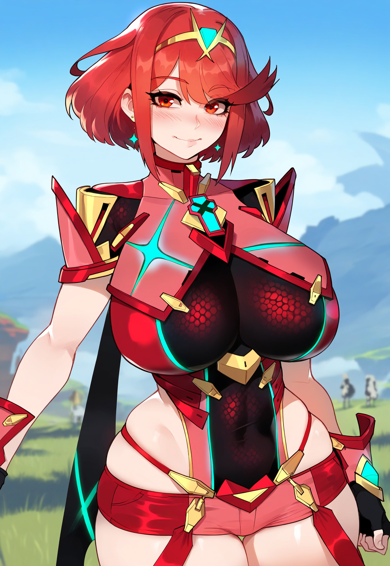 1girls, ai generated, breasts, busty, female, floox, hi res, hips, huge breasts, light skin, light-skinned female, nintendo, outdoors, pyra, red eyes, red hair, short hair, solo, stable diffusion, thick thighs, thighs, wide hips, xenoblade (series), xenoblade chronicles 2