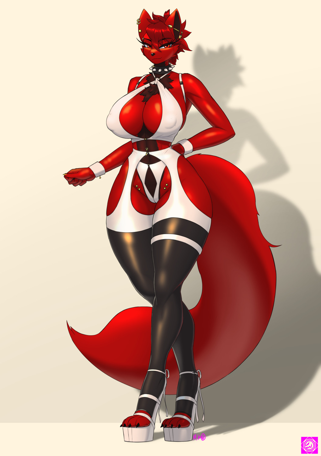 1girls 2020s 2024 2d 2d_(artwork) anthro anthro_only big_thighs bikini cameltoe chest_tuft cleavage collar ear_piercing female fox fur furry furry_female furry_only garter_belt garter_belt_leggings garter_straps hi_res high_heels highres hips hourglass_figure large_thighs long_legs looking_at_viewer manedkitsune nipple_bulge original original_character panties red_body red_eyes red_fur simple_background slut slutty_outfit smirk smirking solo spiked_collar tail thick_tail thick_thighs thighhighs thighs white_clothing white_high_heels wide_hips