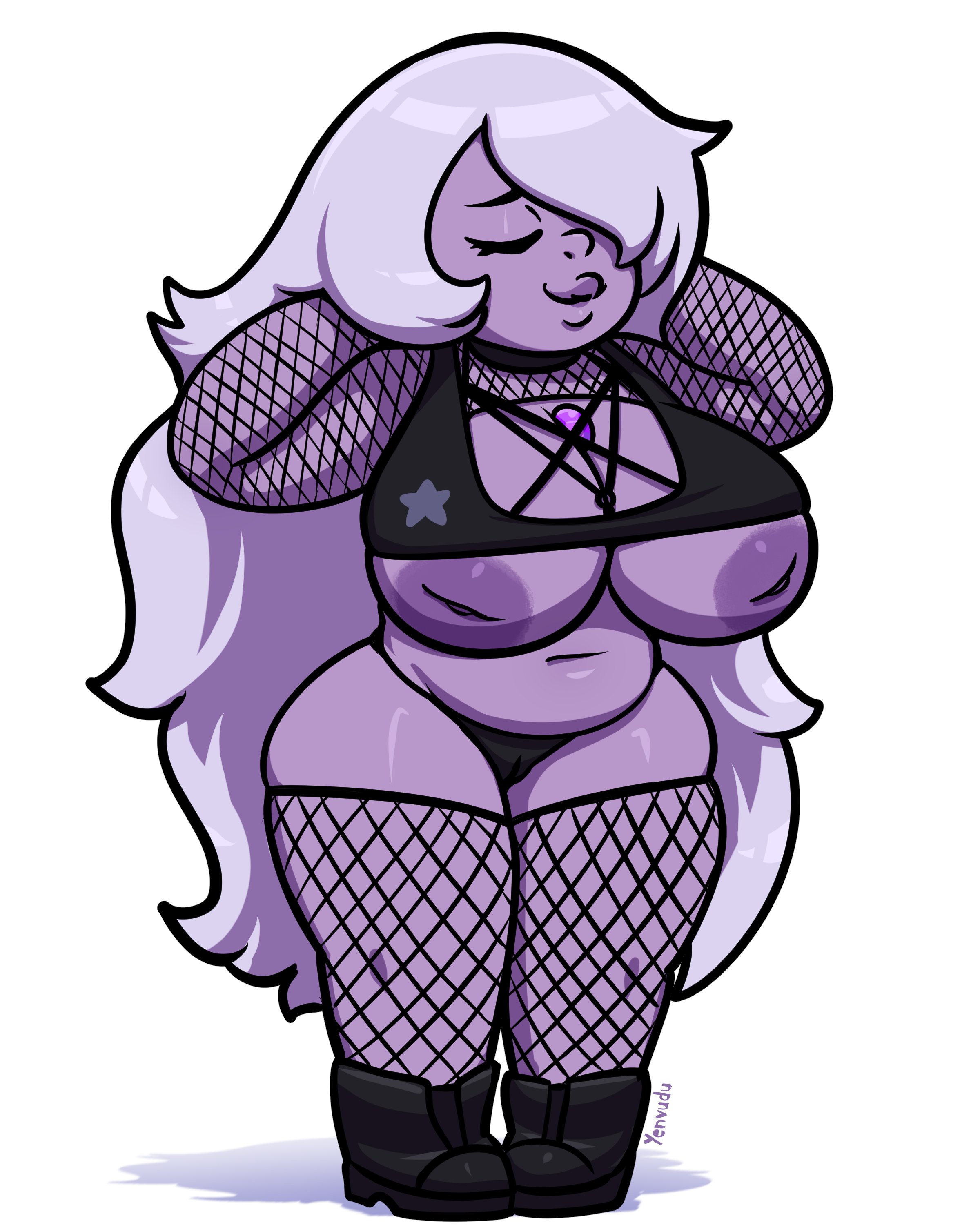1girls, 2024, alien, alien girl, alien humanoid, amethyst (steven universe), areolae, arms up, artist name, ass, belly, belly button, big ass, big breasts, big lips, black panties, boots, bottomwear, breasts, breasts out, busty, cartoon network, chubby, cleavage, closed eyes, clothed, clothed female, clothes, clothing, curvaceous, curvy, dark nipples, exposed breasts, female, fishnet armwear, fishnet legwear, fishnet stockings, fishnets, footwear, front view, full body, gem (species), hair, hands behind head, hi res, huge breasts, humanoid, inverted nipples, large areolae, large ass, large breasts, legs together, long hair, navel, nipples, panties, partially clothed, pentagram, pentagram top, plump lips, pose, posing, purple body, purple hair, purple skin, shirt, shirt up, signature, simple background, smile, smiling, solo, standing, steven universe, stomach, thick lips, thick thighs, thighs, topwear, voluptuous, white background, wide hips, yenvudu