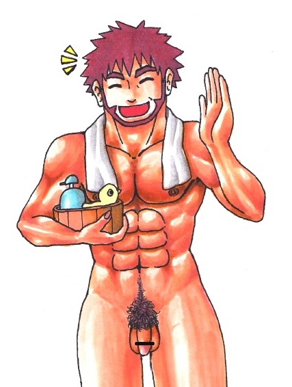 1boy bar_censor bathing byron_(pokemon) censored male_only pokemon pubic_hair rubber_duck tagme towel_around_neck