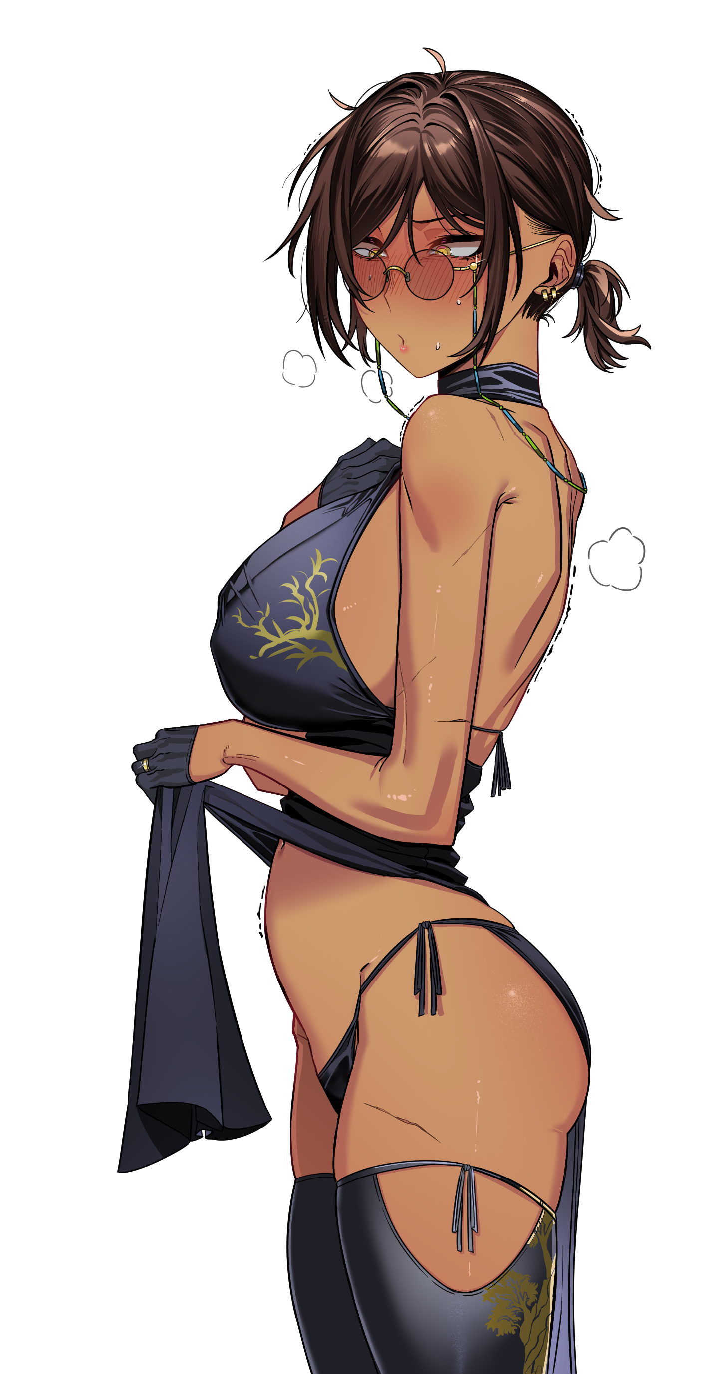 brown hair, brown skin, earrings, female, glasses, limbus company, outis (limbus company), project moon, rhlatm, tagme, yellow eyes