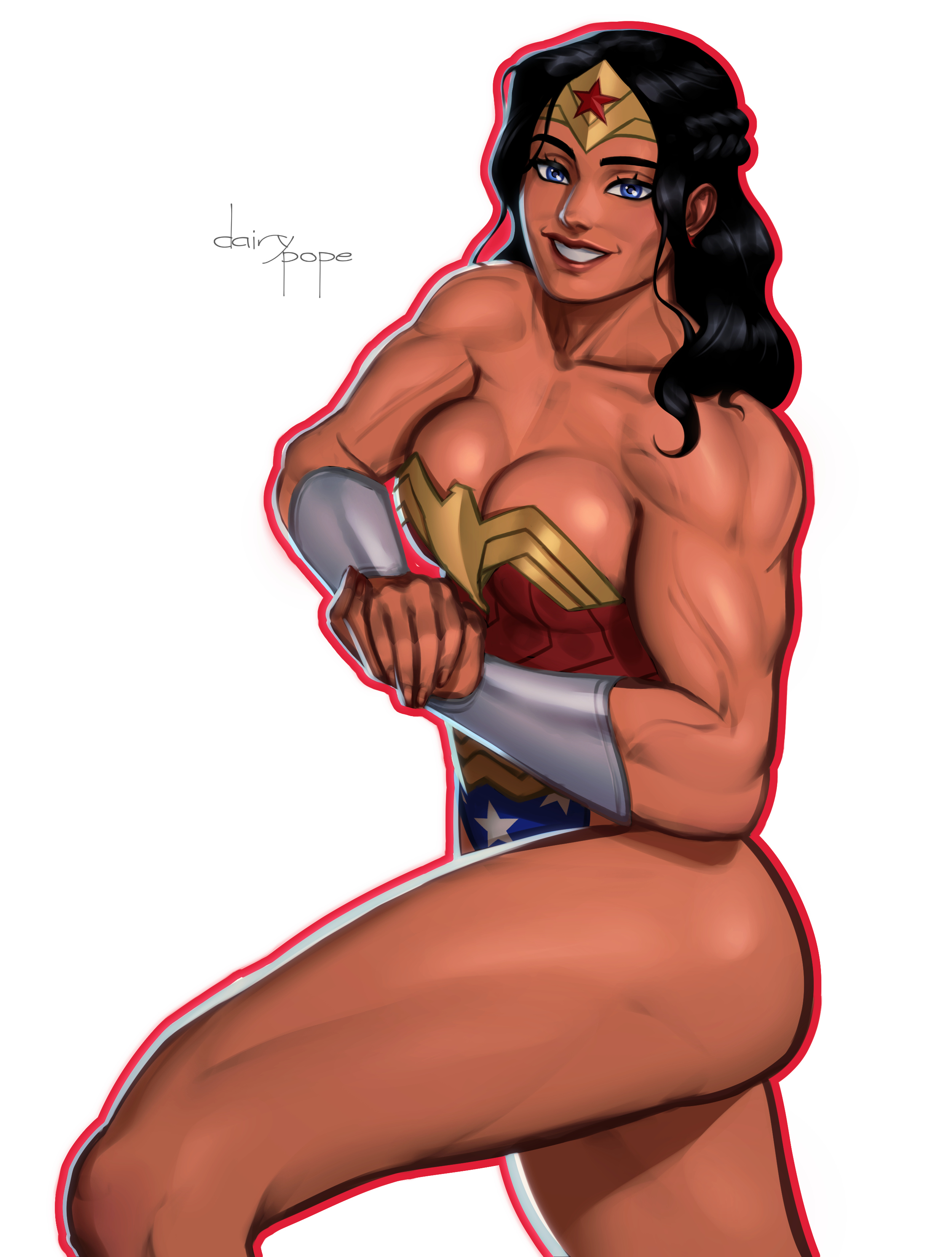 1girls, artist name, biceps, black hair, blue eyes, bracelets, cleavage, dc, dc comics, diana prince, female, light skin, light-skinned female, muscular, muscular arms, muscular female, muscular thighs, pope of dairy, smile, solo, superheroine, thick thighs, thighs, tiara, wonder woman, wonder woman (series)