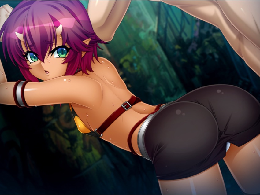 00s 1boy 1girls ass back bare_shoulders bent_over black_skirt breasts buckle clothed_female_nude_male demon_girl eyebrows female game_cg green_eyes head_out_of_frame hetero horns kagami_hirotaka kureha_(taimanin) kureha_(taimanin_asagi) lilith-soft looking_at_viewer looking_back nude official_art oni outdoors panties pantyshot parted_lips pencil_skirt pointy_ears purple_hair shiny_skin short_eyebrows short_hair skirt small_breasts solo_focus sweat tagme taimanin_(series) taimanin_asagi taimanin_asagi_battle_arena taimanin_asagi_kessen_arena underwear white_panties