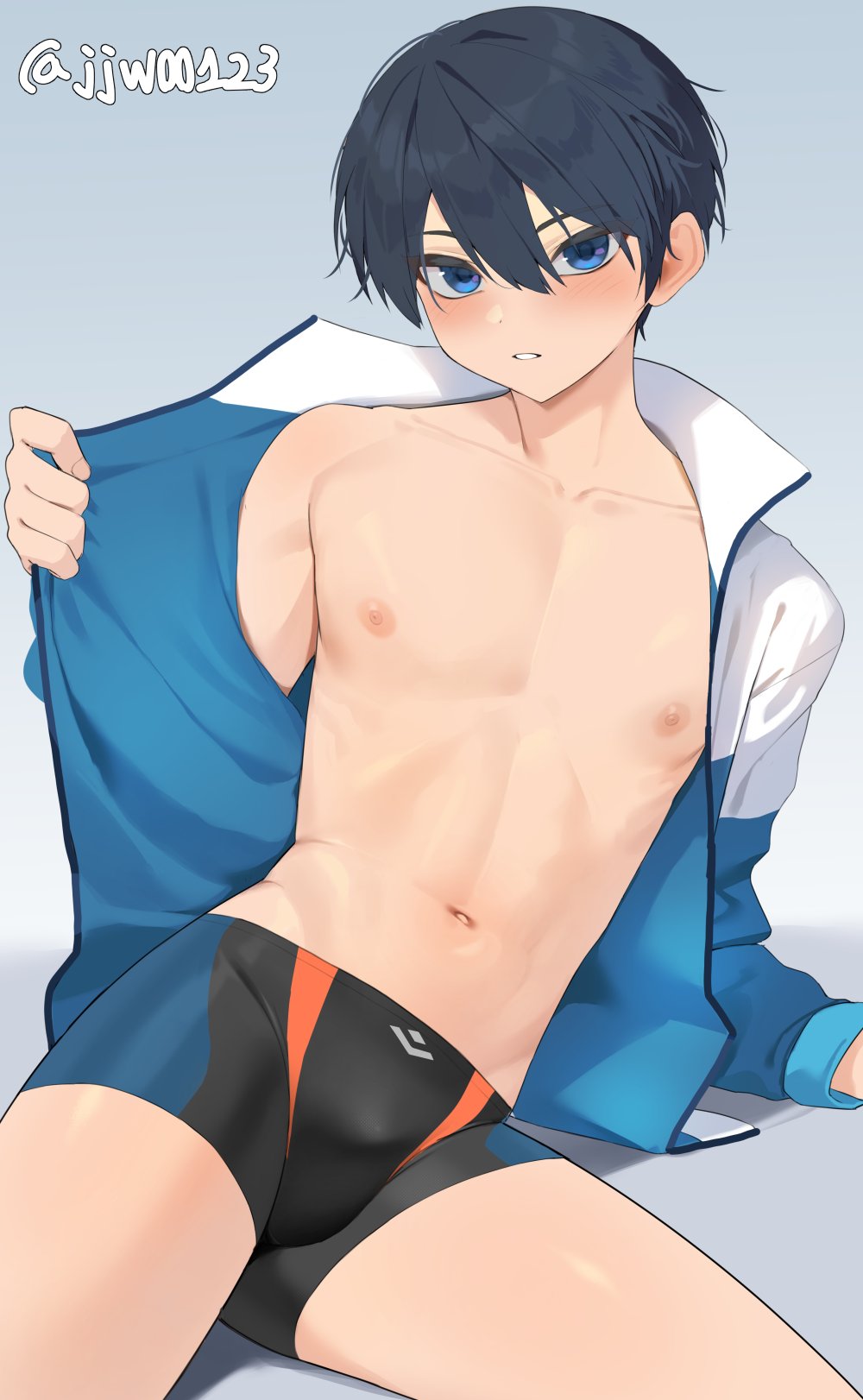 blue_eyes blush bulge dark_blue_hair free! g1_(artist) jacket jjw1029 looking_at_viewer male male_focus male_only male_swimwear nanase_haruka_(free!) nipples open_clothes open_jacket skinny_male solo solo_male swimwear young