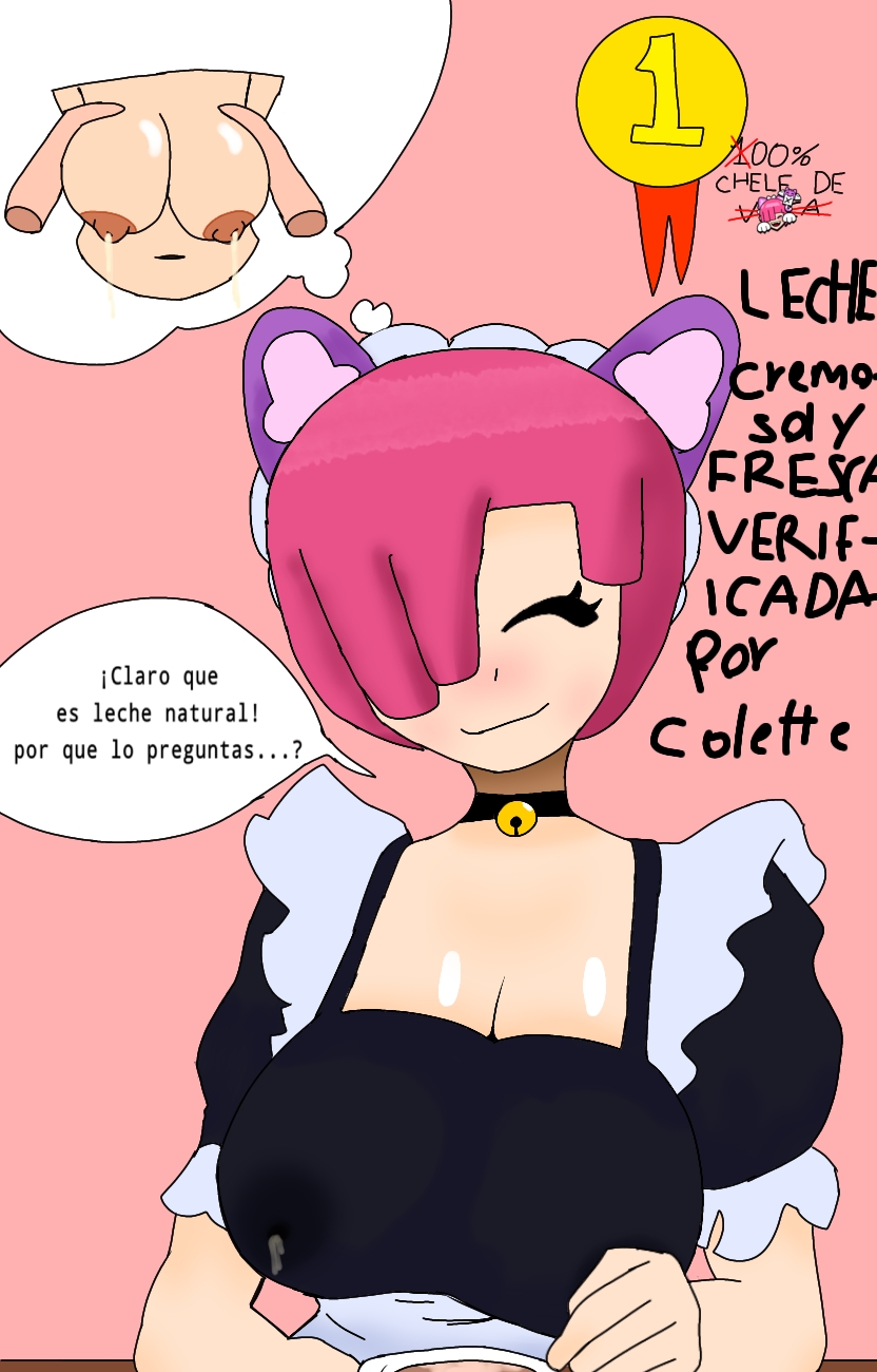 brawl_stars breast_squeeze colette_(brawl_stars) maid_outfit milk not_minus thought_bubble wet_clothes